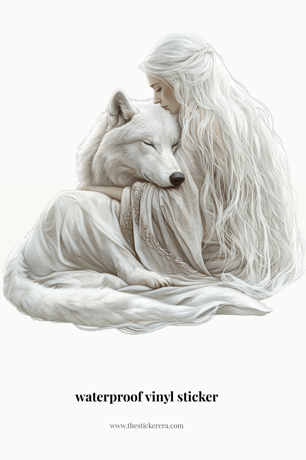 Girl reading with white wolf companion fantasy vinyl sticker by The Sticker Era
