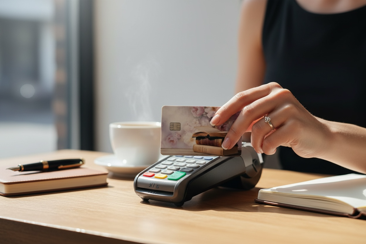 Realistic illustration of a tall stack of antique books printed on vinyl card skin