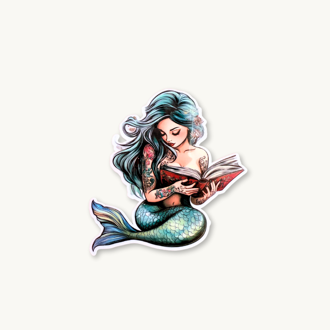 Teal Mermaid Reading Sticker | Retro Ocean Fantasy Book Lover Vinyl Decal