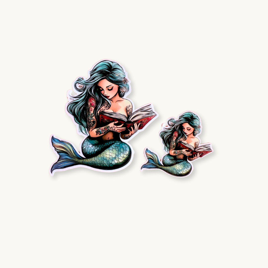 Teal Mermaid Reading Sticker | Retro Ocean Fantasy Book Lover Vinyl Decal