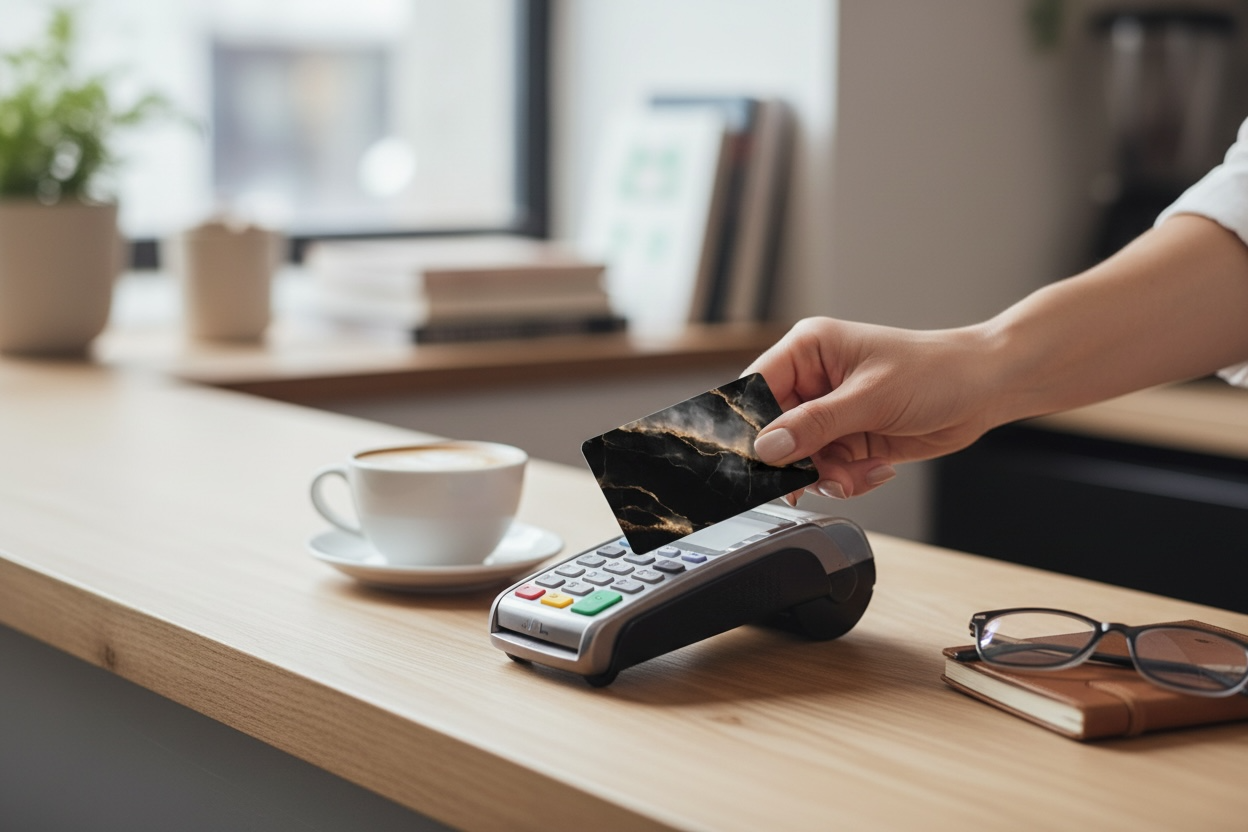 Realistic black stone texture with gold marble veins printed on durable vinyl card skin.