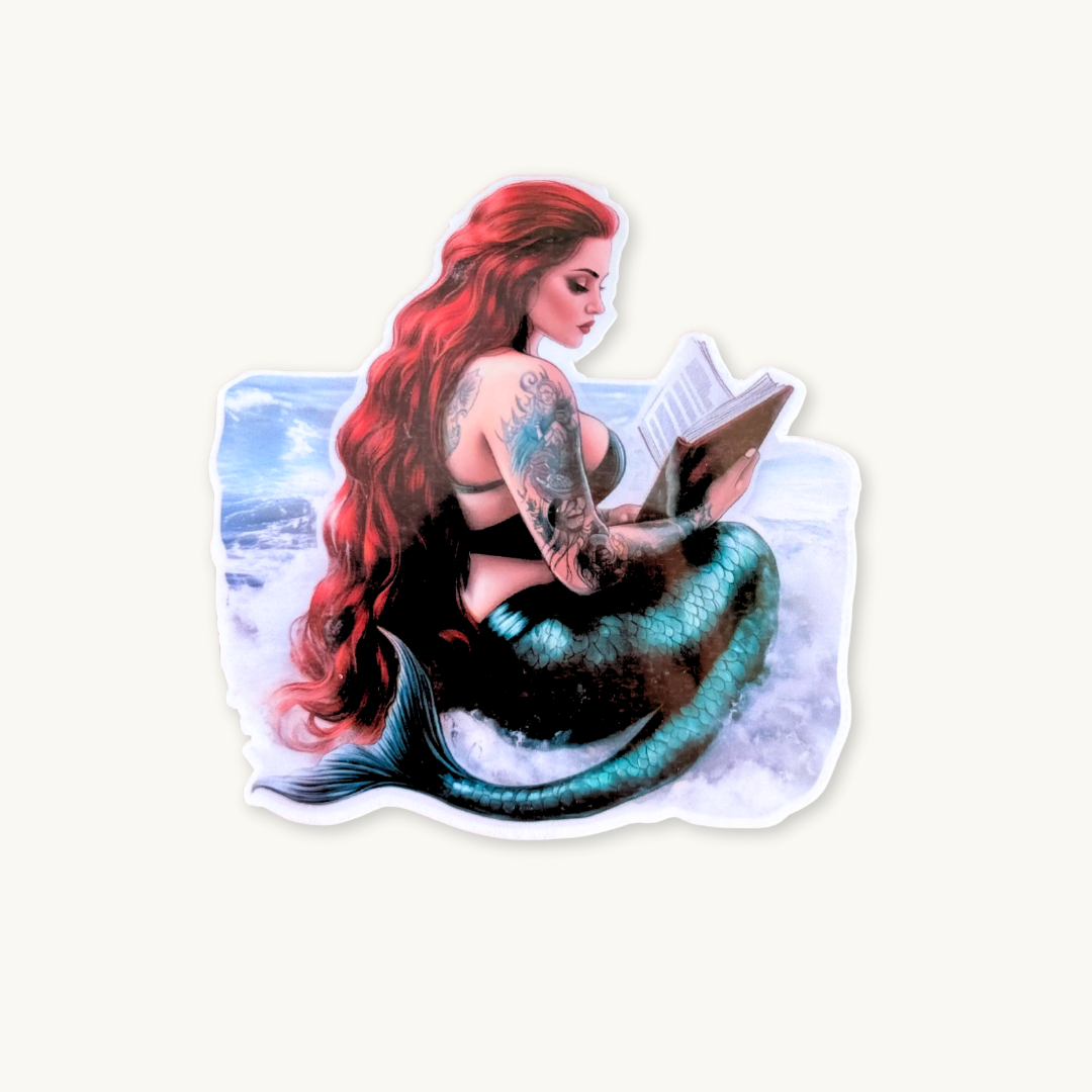 Back View Tattooed Mermaid Reading Sticker | Ocean Fantasy Bookish Vinyl Decal