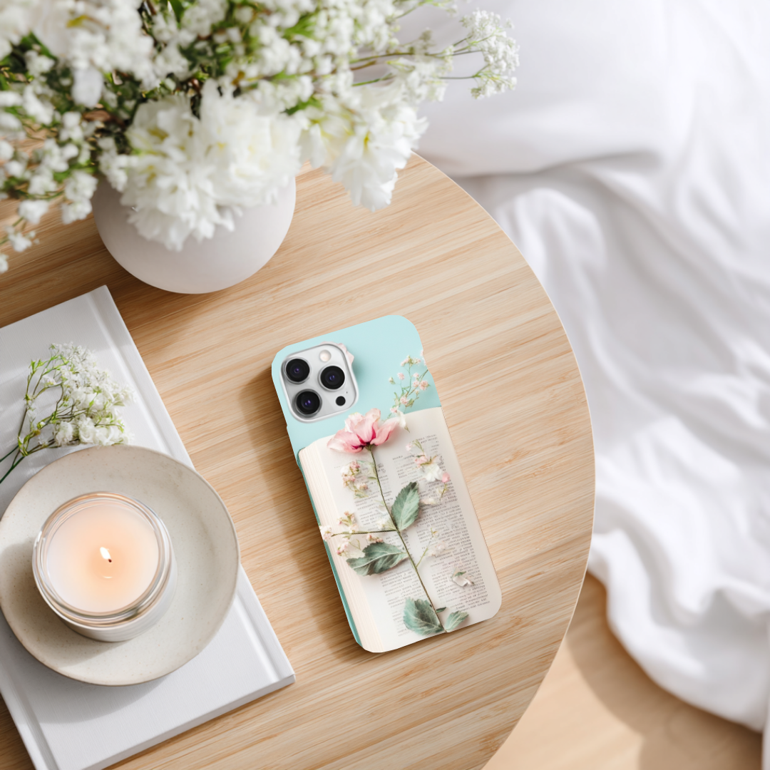 Cozy flower book bundle lifestyle - matching bookish inserts for Kindle and iPhone
