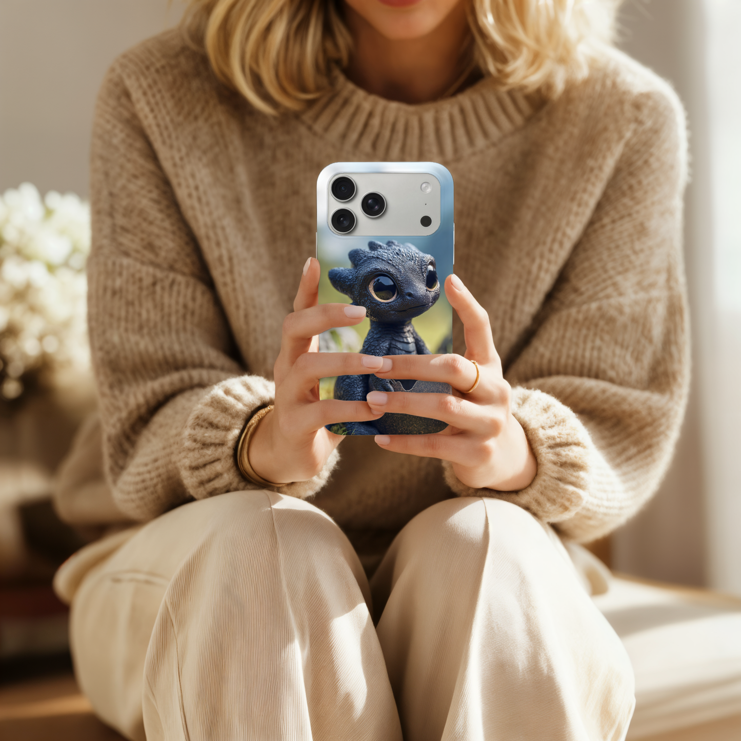 A thin, flexible fantasy dragon phone insert shown next to multiple iPhone sizes from 11 to 17.