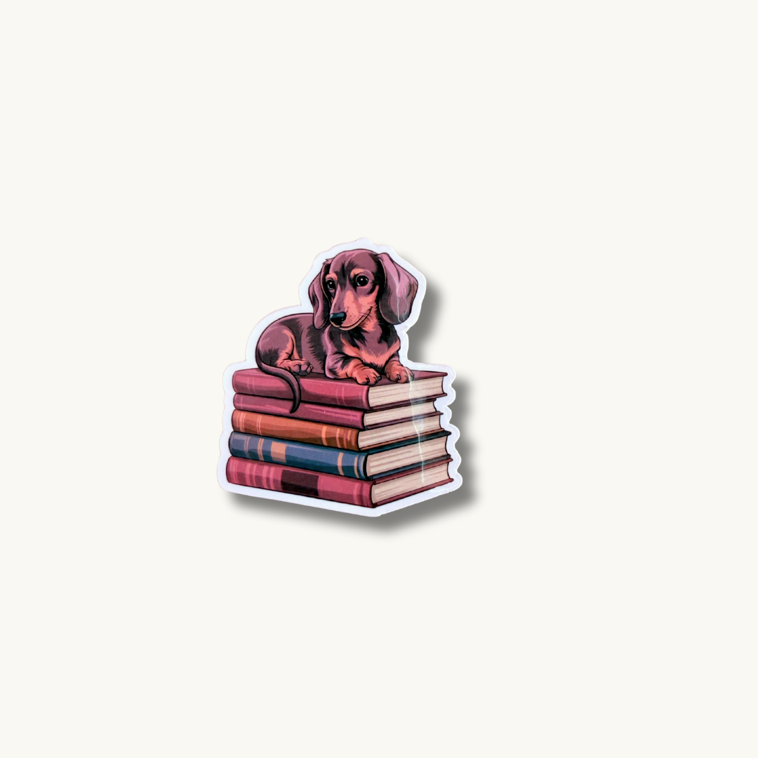 Dachshund on Books Sticker | Cute Bookish Dog Vinyl Decal