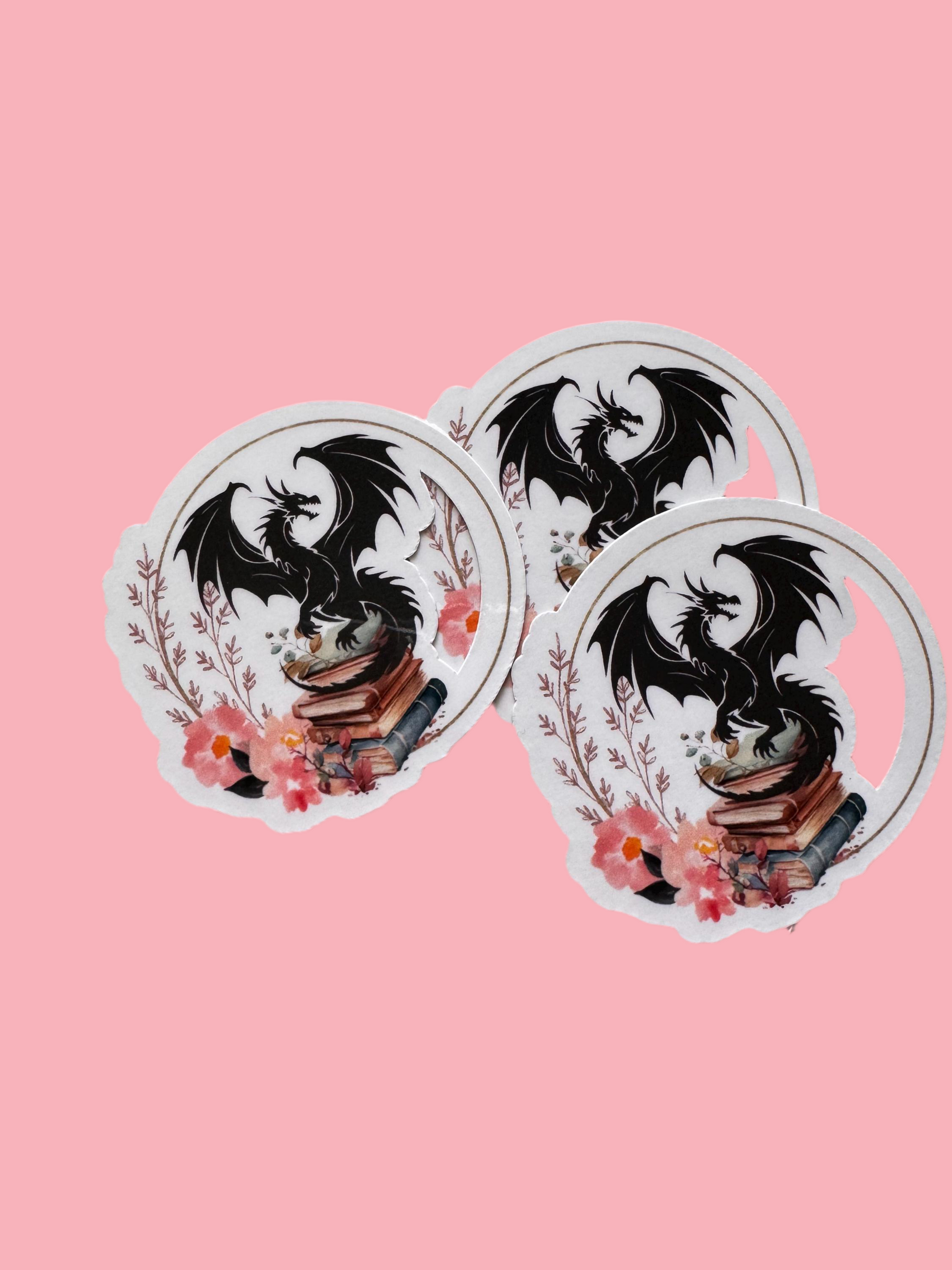 Black Dragon on Books Vinyl Sticker | Fantasy Book Lover Decal | Floral Dragon Laptop Sticker | Majestic Literary Reader Gift | Dark Academia Accessory - The Sticker Era