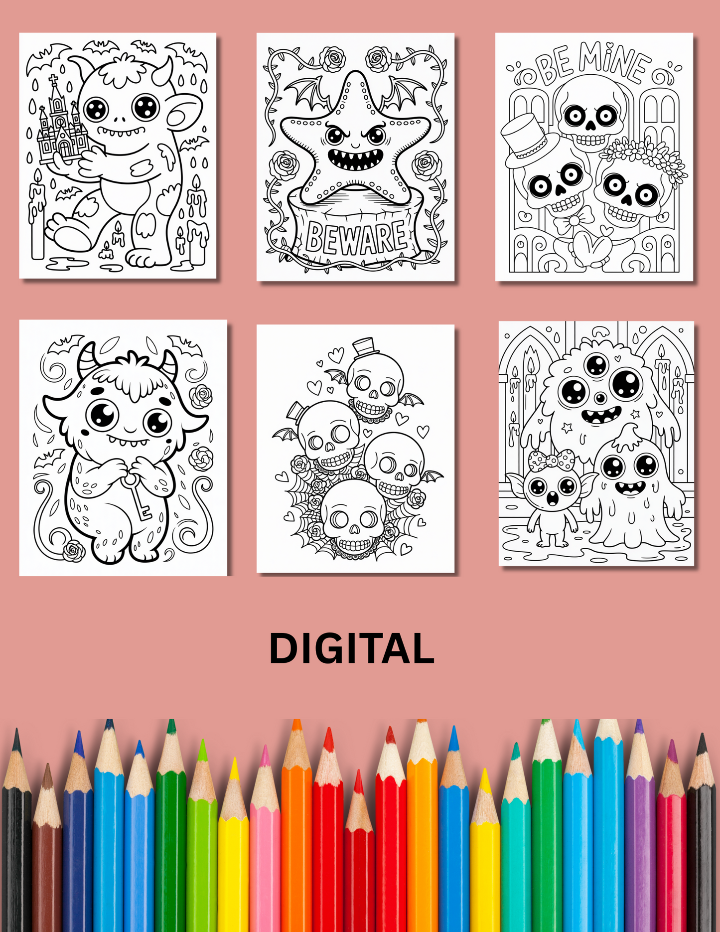 Kiwi Style Digital Coloring Book | 40-Page Cute Monster Spooky Kawaii Printable Pages | Adorable Halloween Adult & Kids Coloring | Instant Download 8.5x11 - The Sticker Era