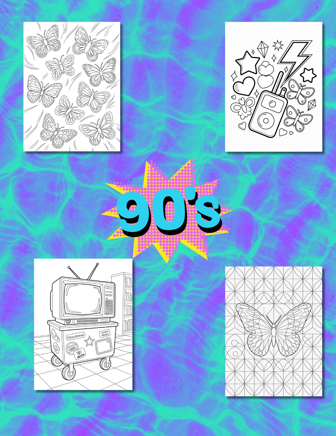 90s Digital Coloring Pages | 45-Page Retro Nostalgia Coloring Book | Printable Nineties Pop Culture Art | Adult Instant Download Activity for Stress Relief - The Sticker Era