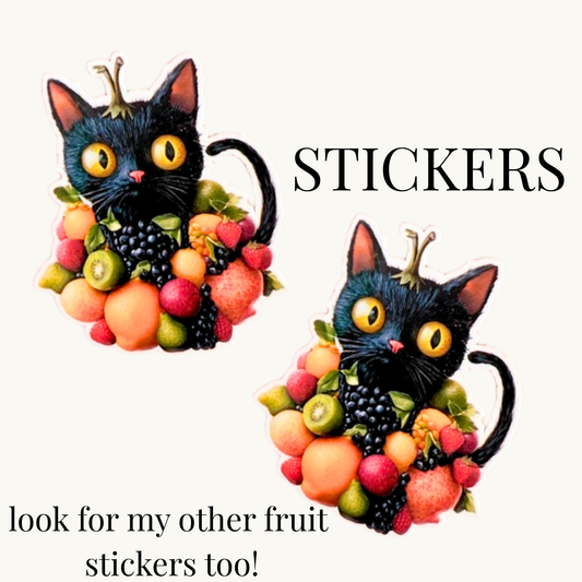 Fruit Cat Sticker | Cute Black Cat with Fruit Aesthetic Vinyl Decal