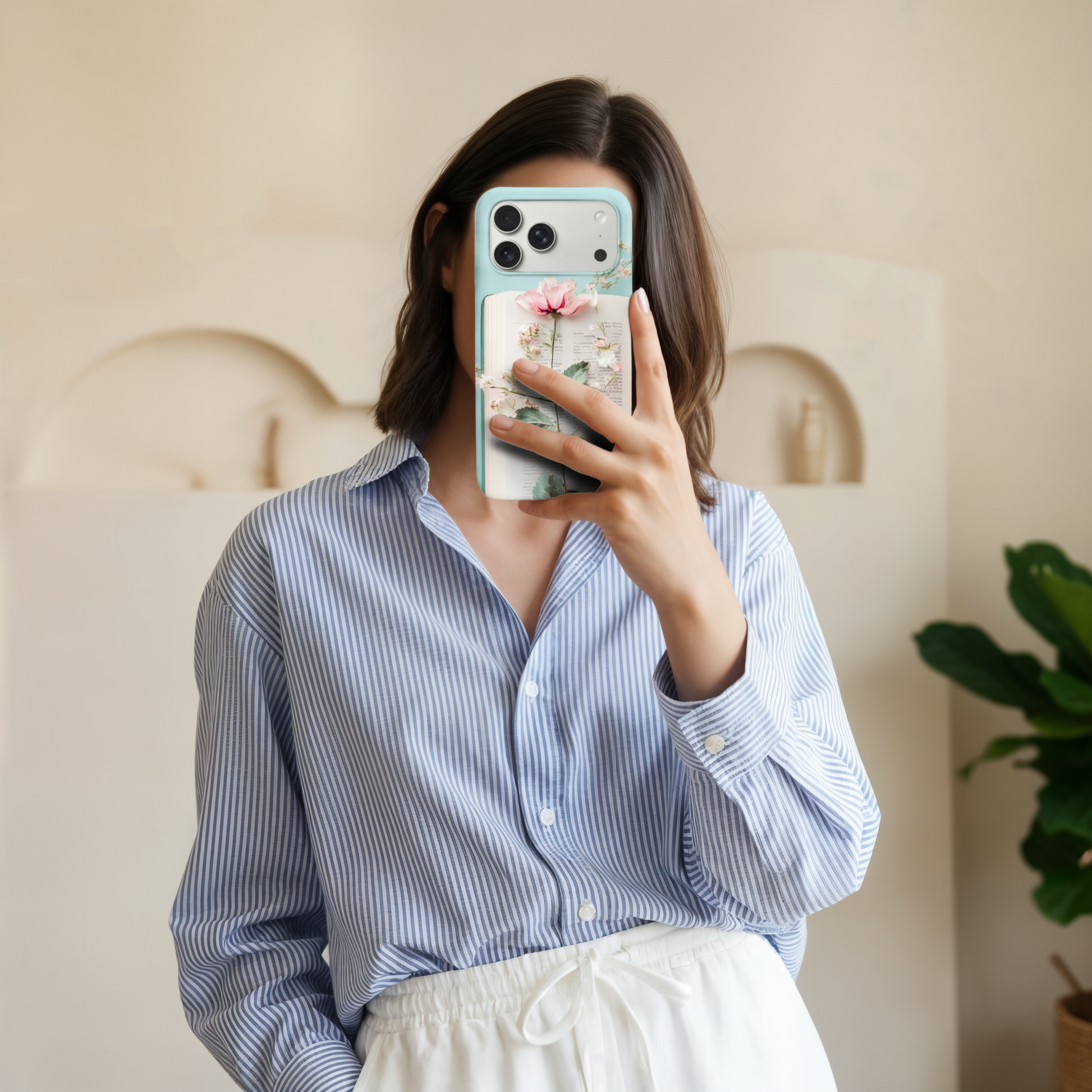 Slim-fit iPhone 17 insert with a cottagecore pressed flower design inside a clear protective case.
