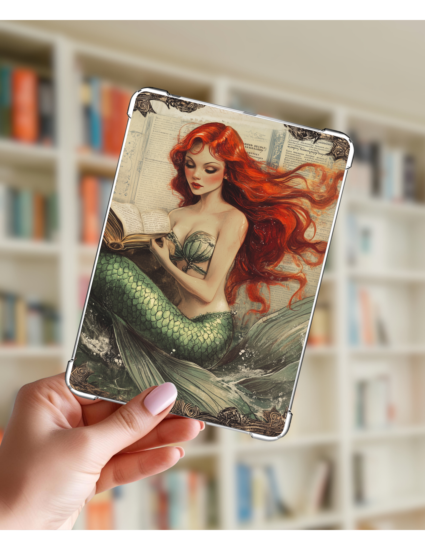 Redhead mermaid reading Kindle Paperwhite insert, fantasy ocean bookish e-reader skin by The Sticker Era