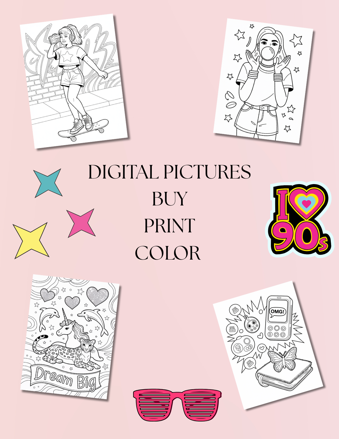 90s Digital Coloring Pages | 45-Page Retro Nostalgia Coloring Book | Printable Nineties Pop Culture Art | Adult Instant Download Activity for Stress Relief - The Sticker Era