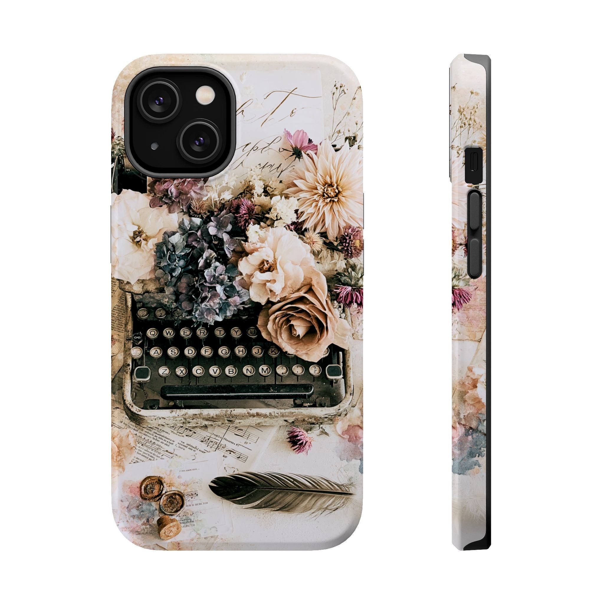 Vintage Typewriter Floral Phone Case – MagSafe Compatible Tough Case, Bookish Writer Gift for iPhone & Galaxy by The Sticker Era