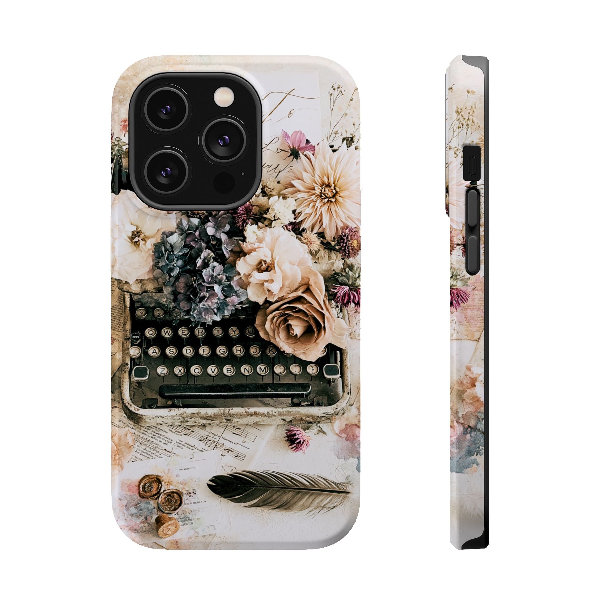 Vintage Typewriter Floral Phone Case – MagSafe Compatible Tough Case, Bookish Writer Gift for iPhone & Galaxy by The Sticker Era