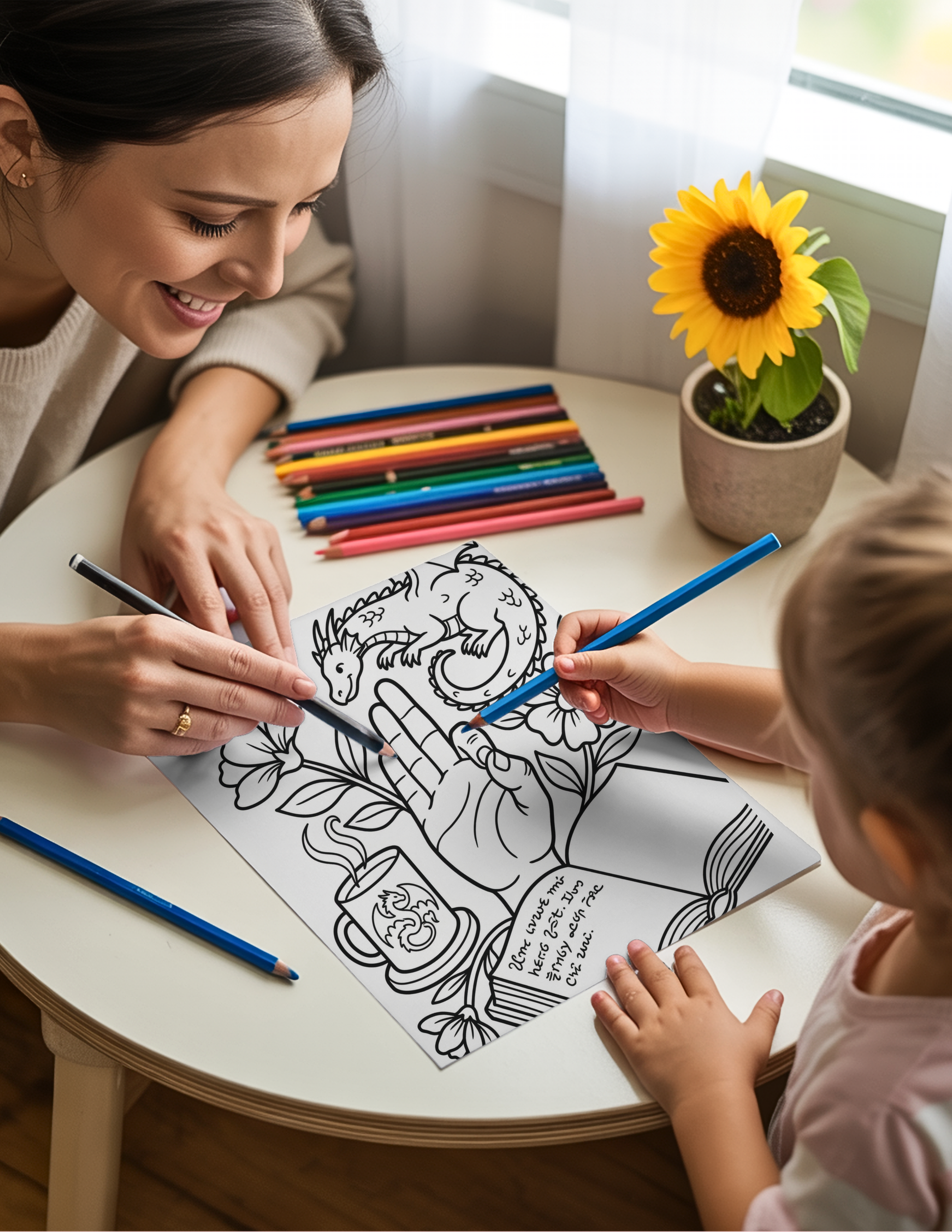 Woman coloring with child showing the letter  F in ASL sign language. Child teaching moment.