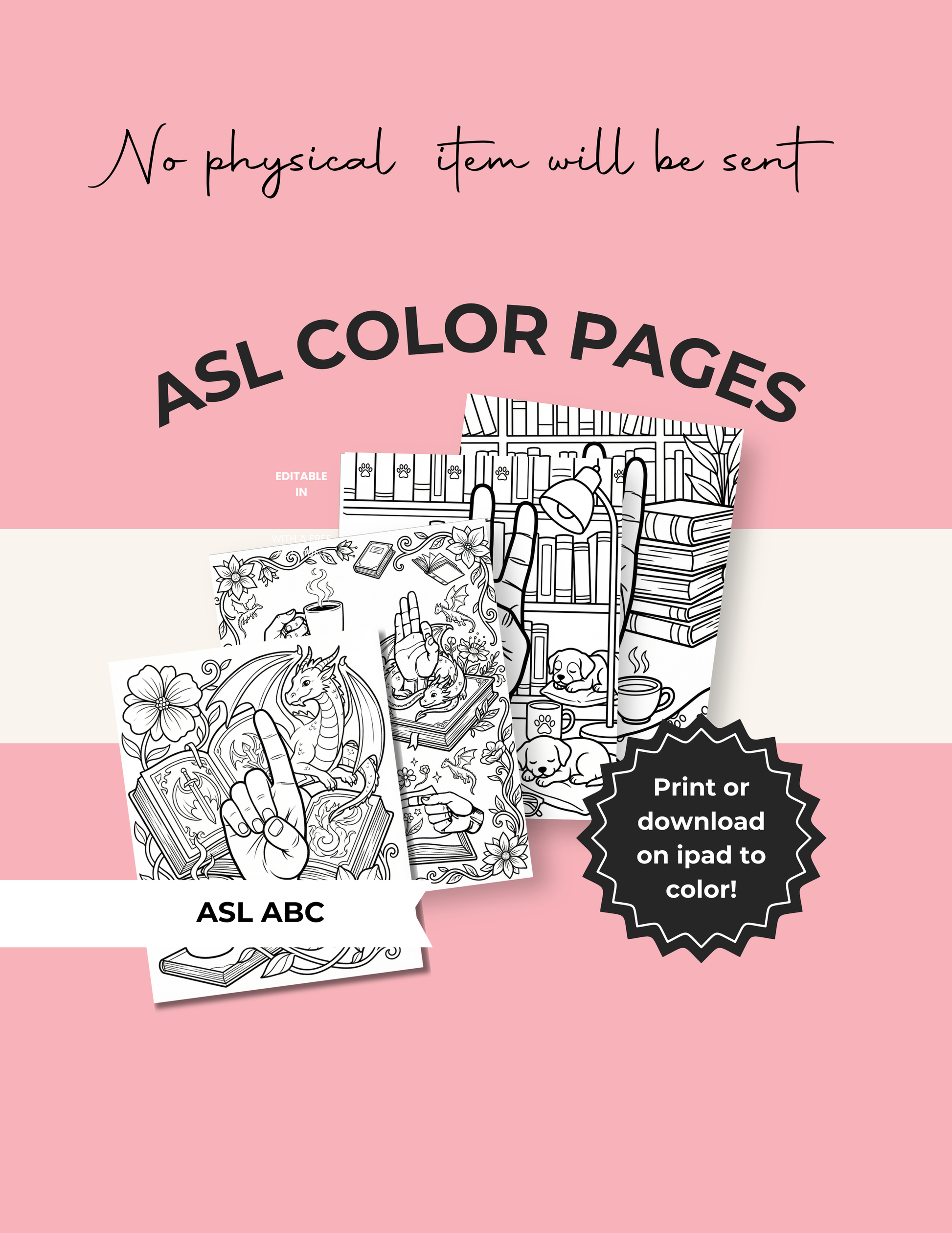 Printable PDF coloring pages for book lovers featuring fantasy themes, dragons, and hand-drawn ASL signs
