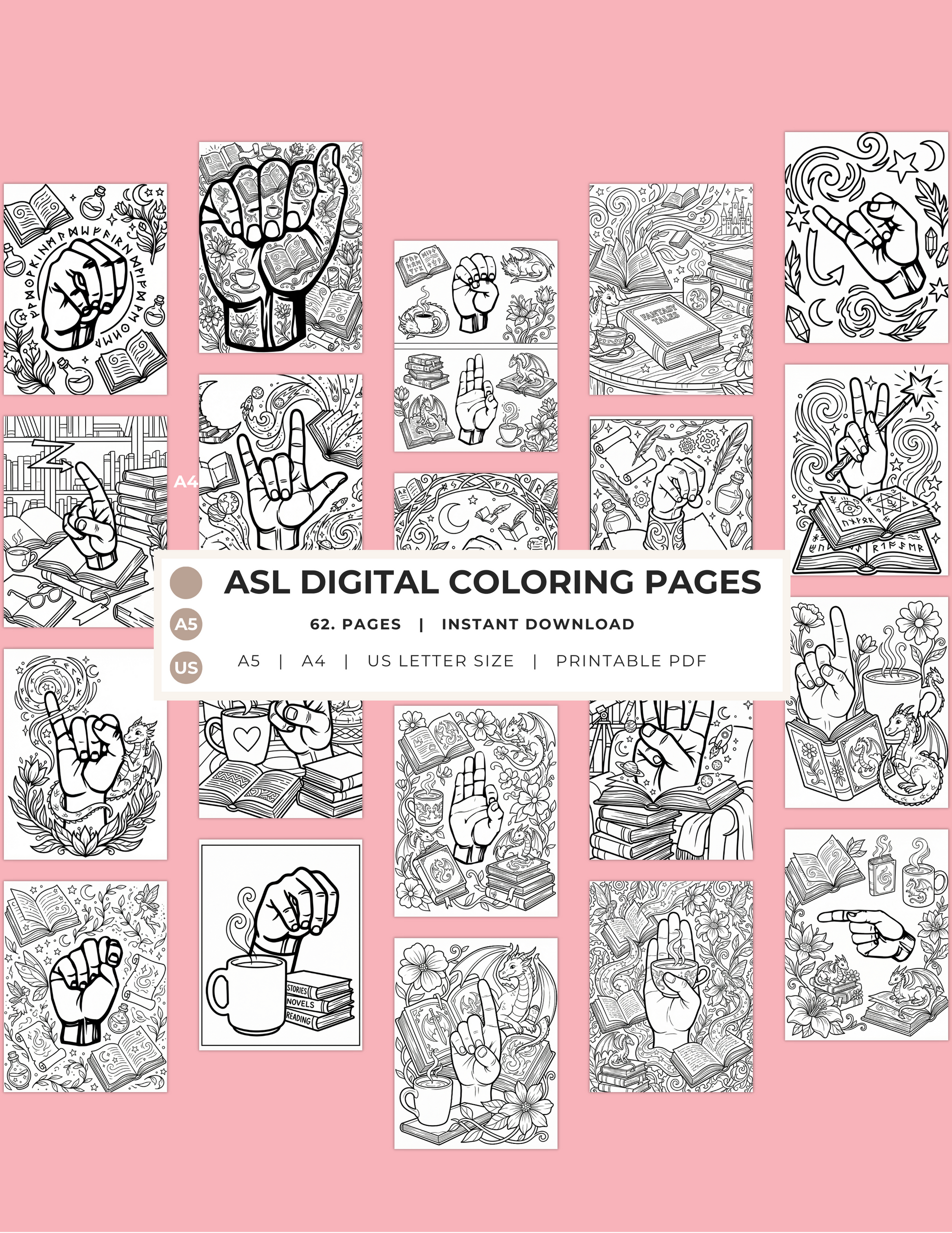 ASL fantasy coloring book digital download with 62 printable pages of sign language art for learning and relaxation
