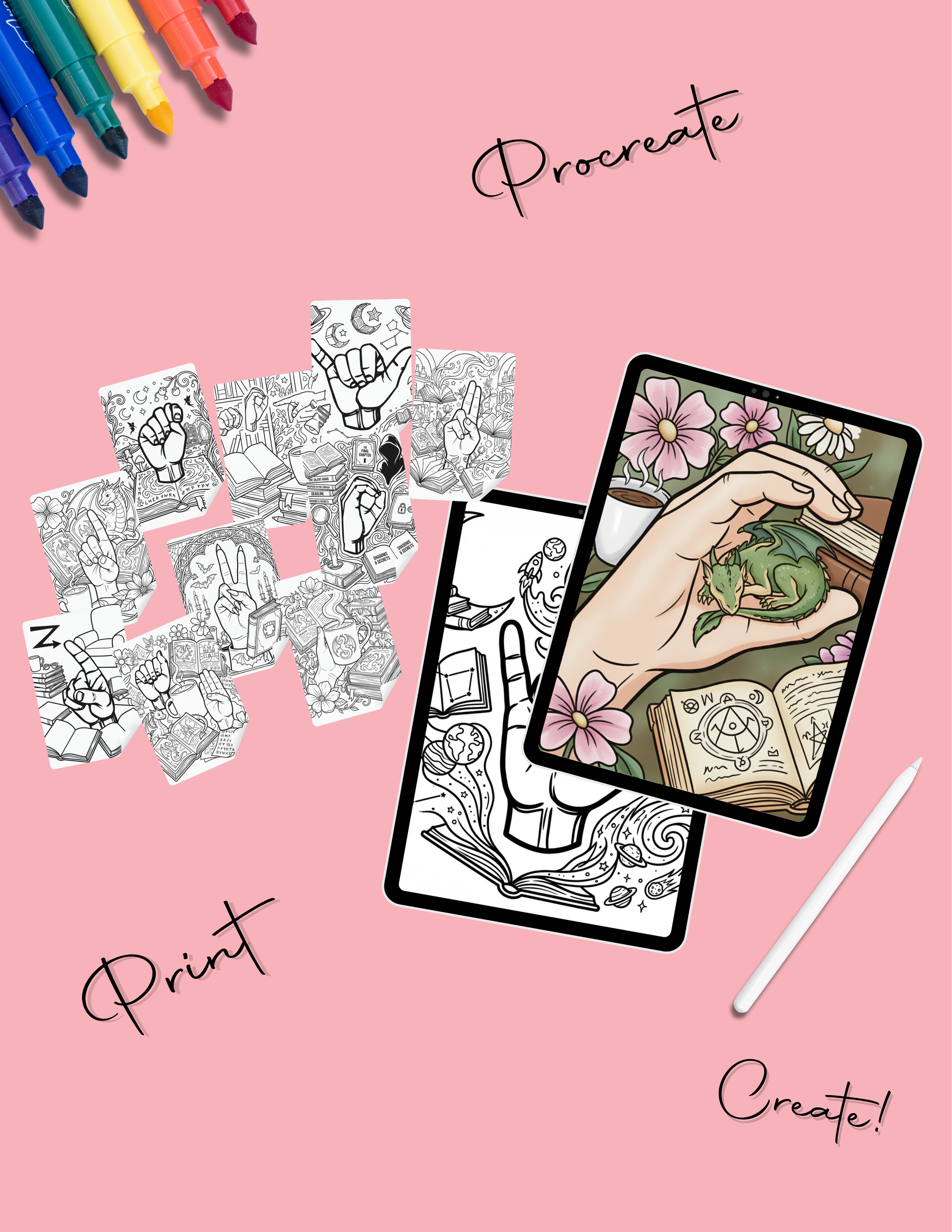 Grid of intricate adult coloring pages featuring American Sign Language hands, fantasy dragons, books, and magical potions.
