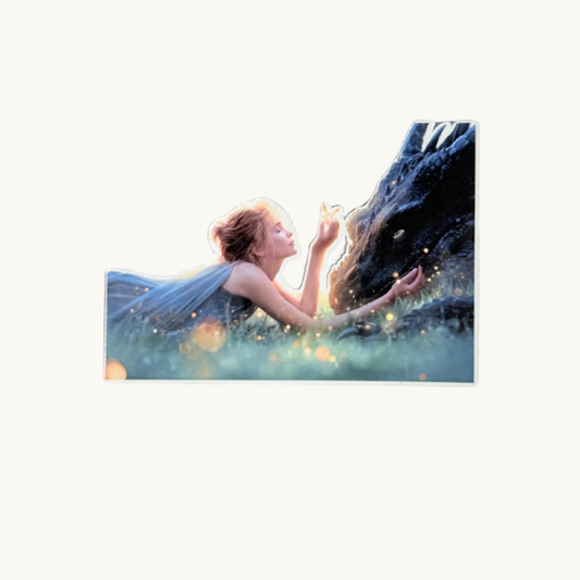 Fantasy art sticker of a girl petting a dragon, waterproof vinyl decal for readers.