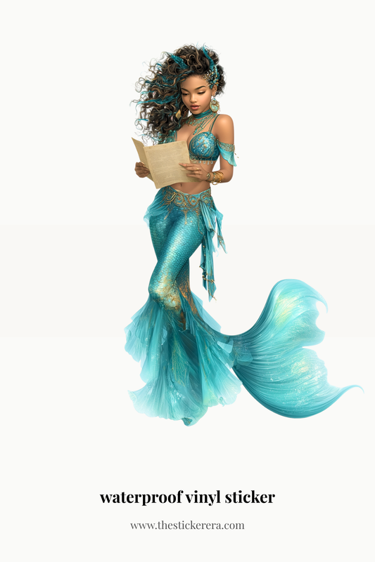 Teal mermaid reading a book retro ocean fantasy waterproof vinyl sticker by The Sticker Era