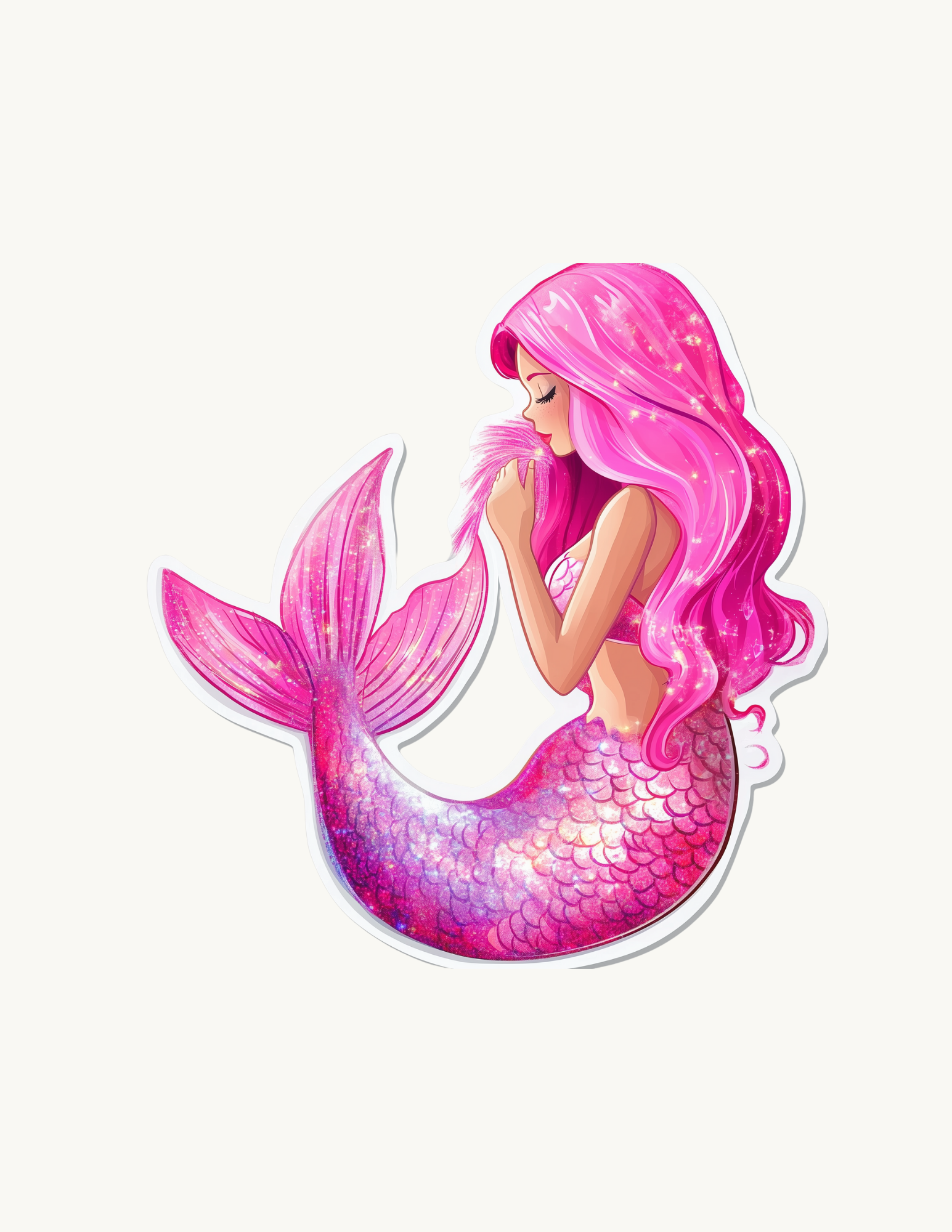 Mermaid waterproof sticker  with pink hair and tail on a white background