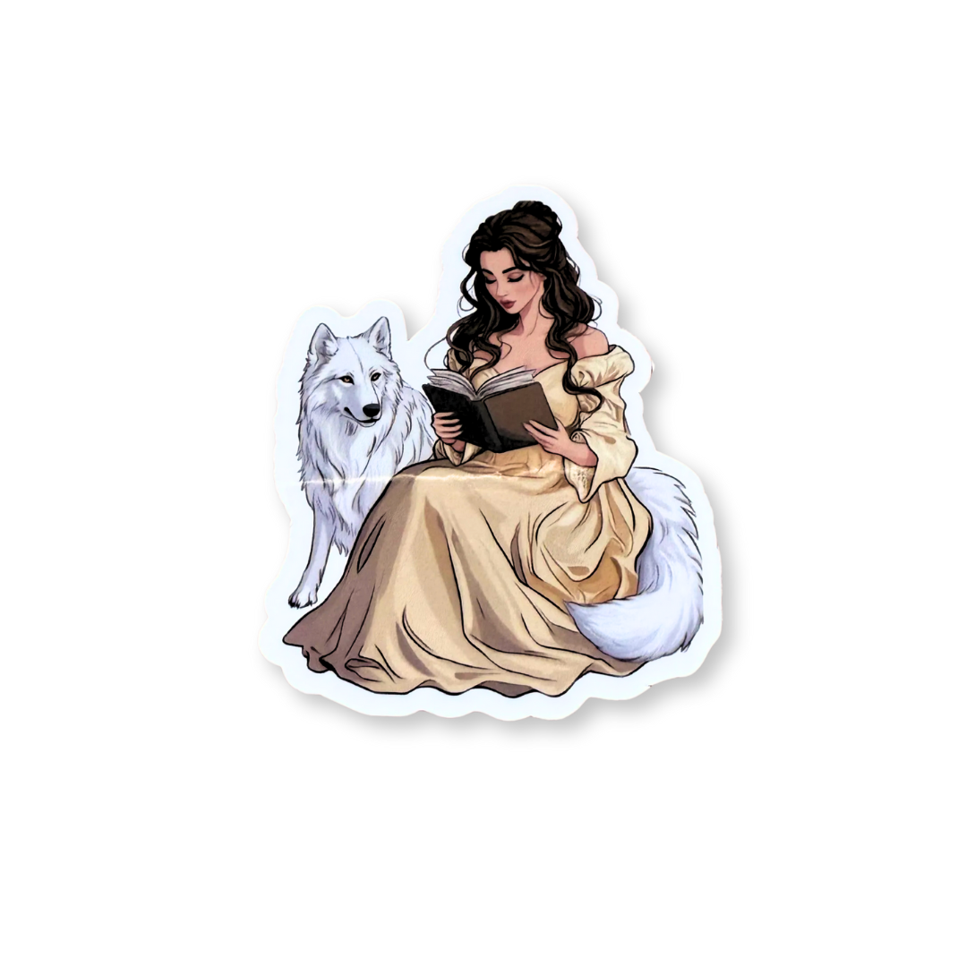 Belle Reading with White Wolf Sticker