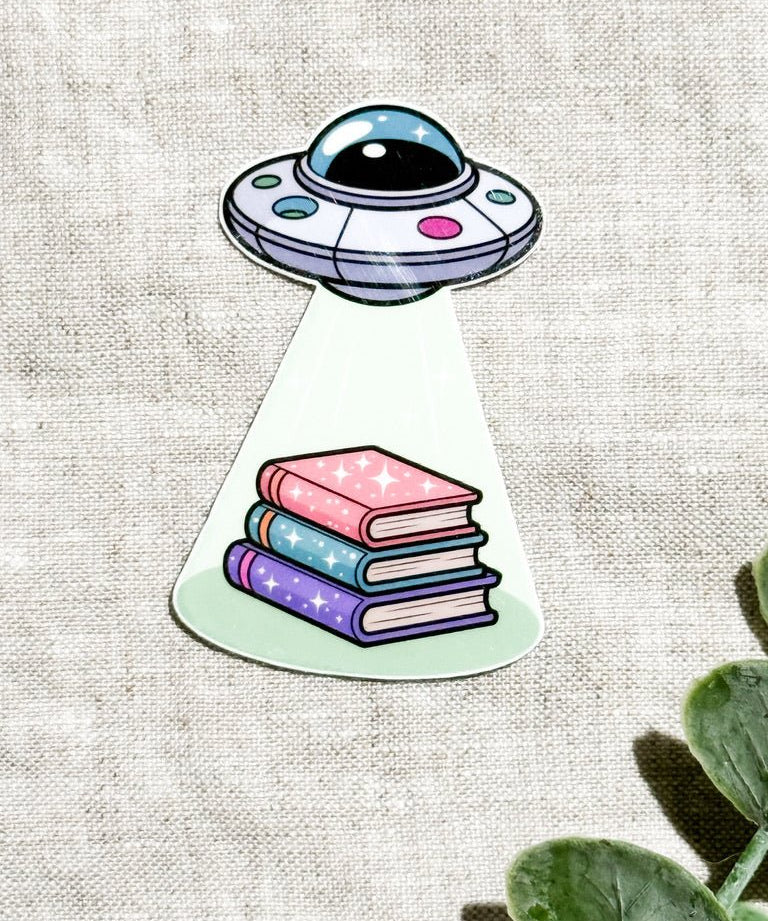 UFO Book Abduction Sticker – Pastel Alien Bookish Decal – Sticker Era by The Sticker Era