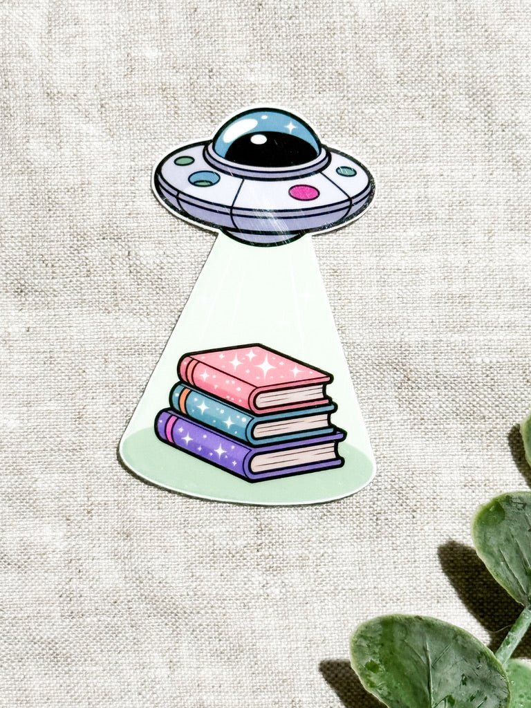 UFO Book Abduction Sticker – Pastel Alien Bookish Decal – Sticker Era by The Sticker Era