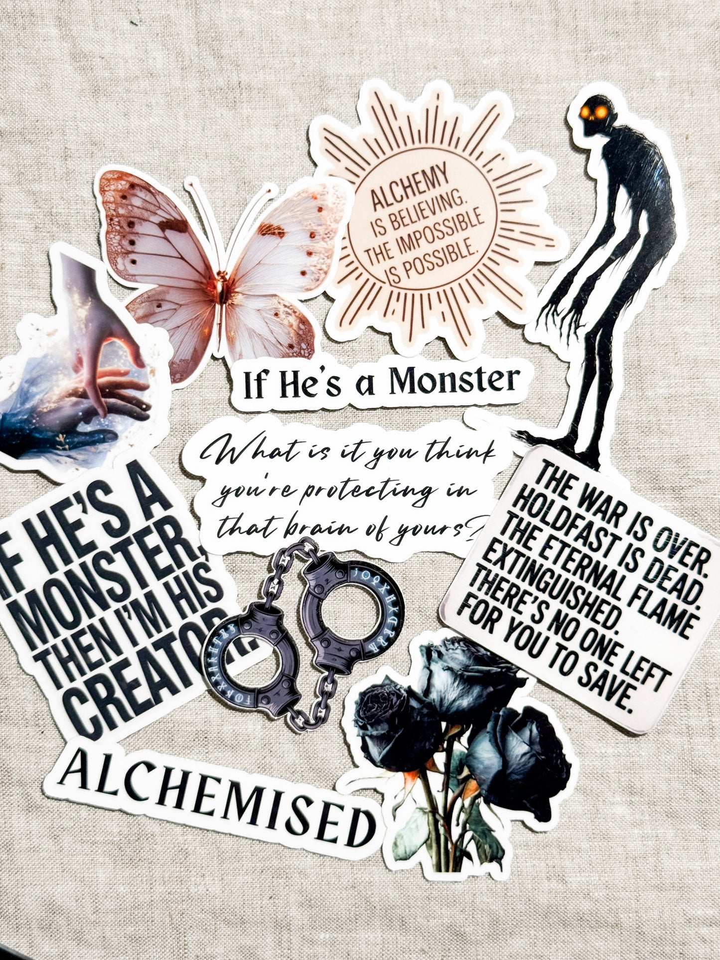 Dark romance bookish stickers on a Kindle in a cozy reading flat lay by The Sticker Era