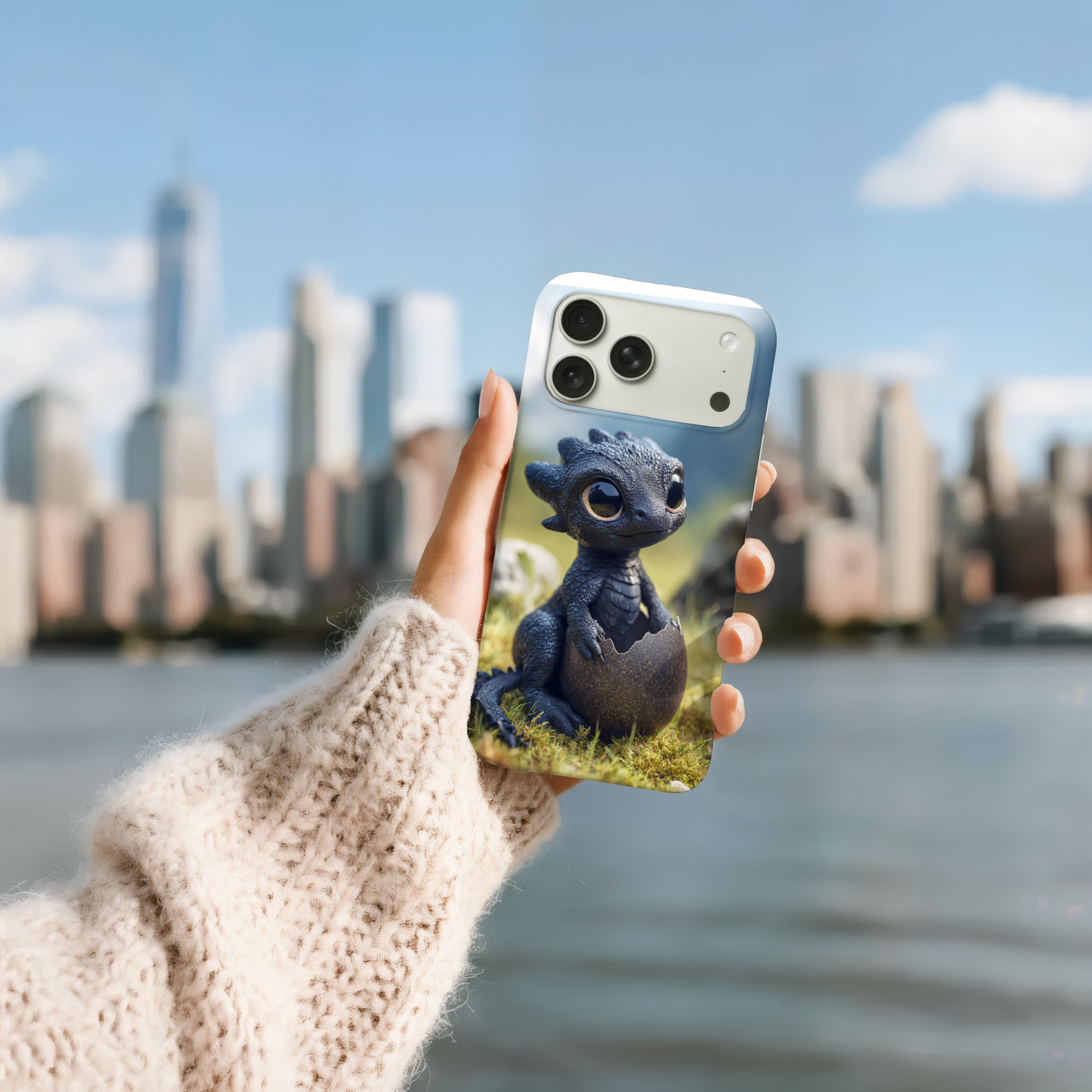 a baby dragon art insert into a clear protective bumper case on an iPhone 17.