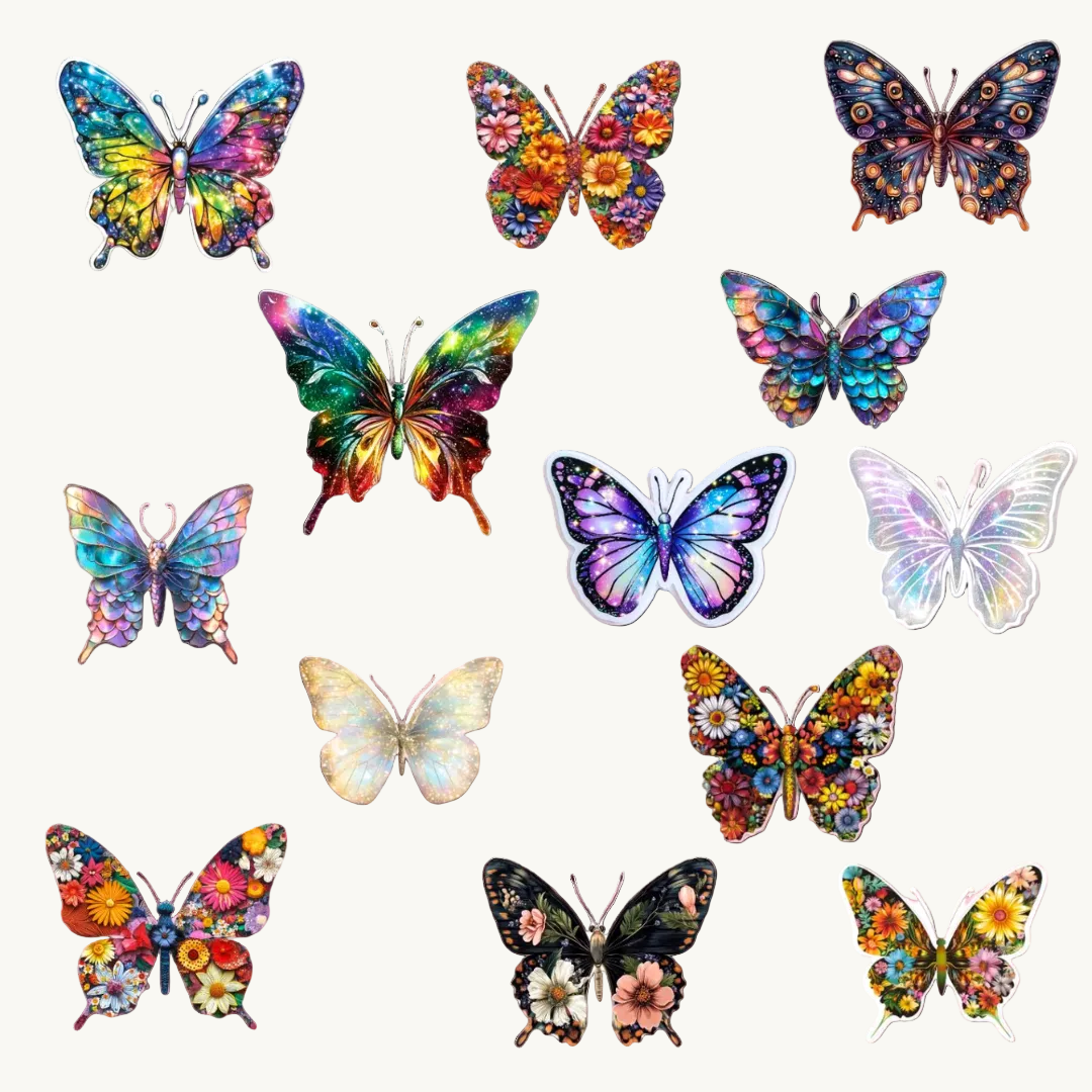 18 piece sticker pack of beautiful colored butterflies. flowers, sparkles, scales