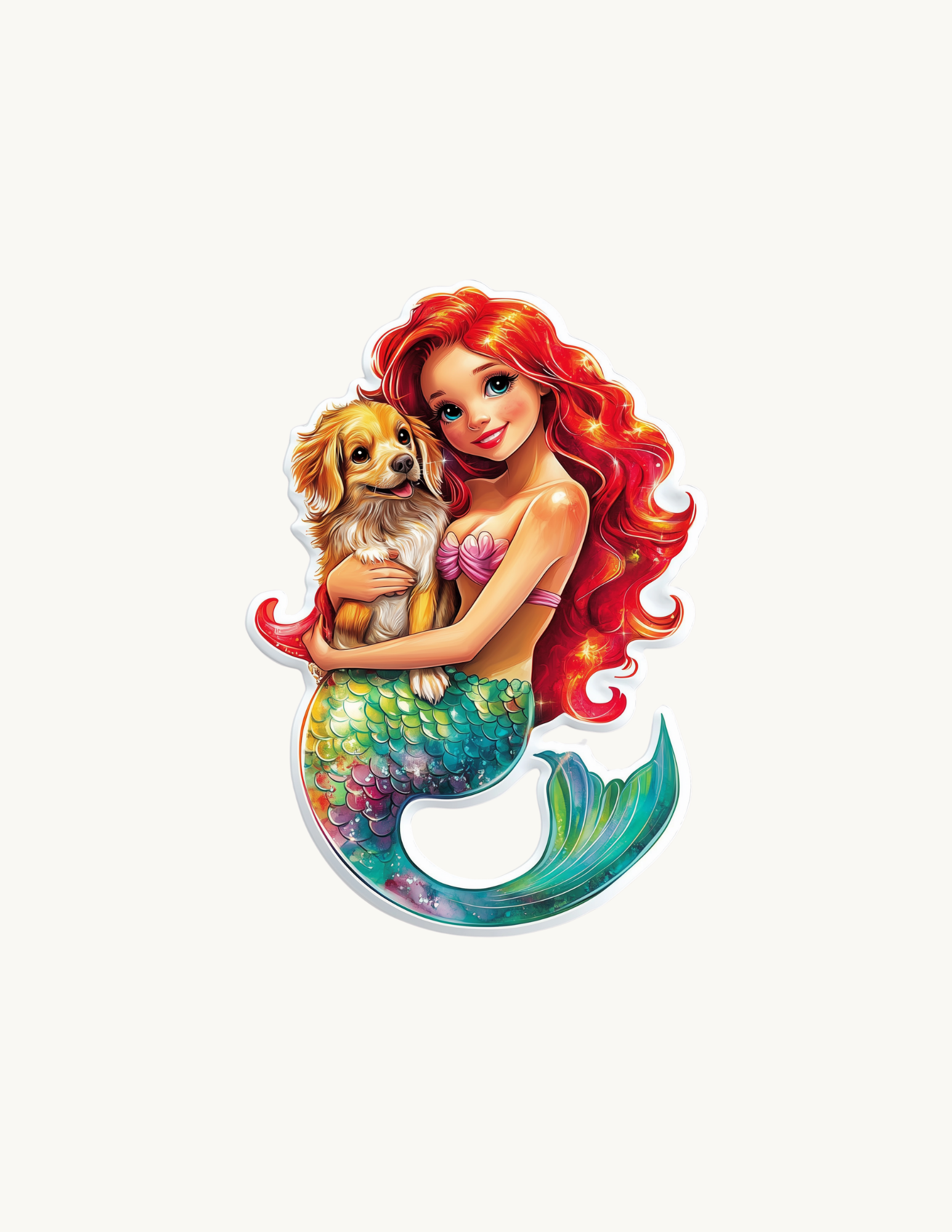 Mermaid holding a dog on a white background
