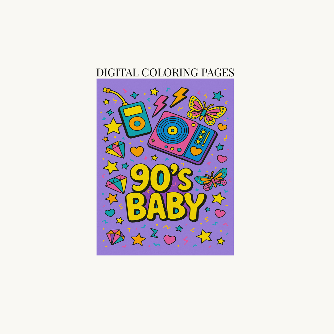 90s Nostalgia Digital Coloring Book | 45-Page Retro Pop Culture Printable Pages