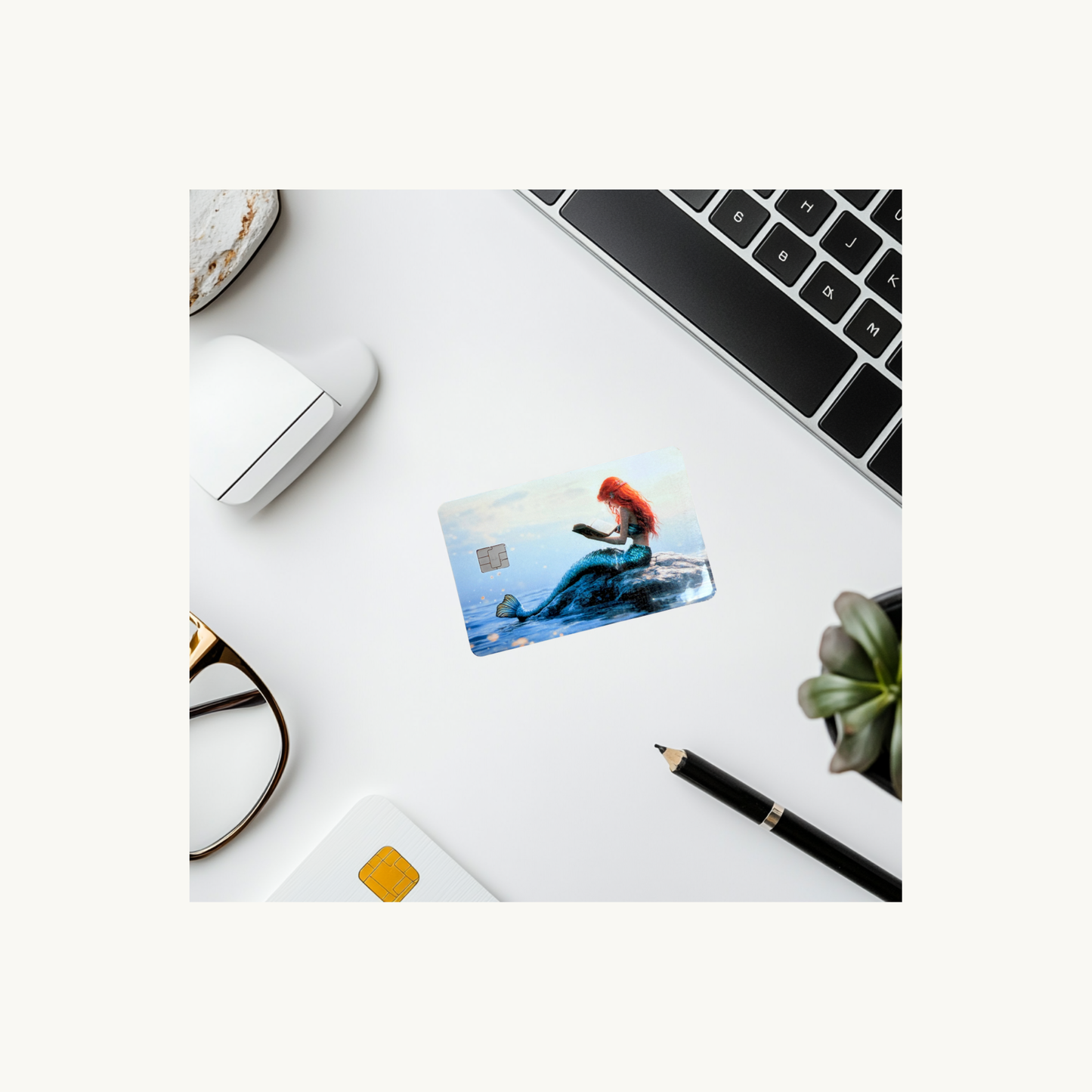 Reading Mermaid Card Skin | Fantasy Ocean Redhead & Octopus Debit Card Cover