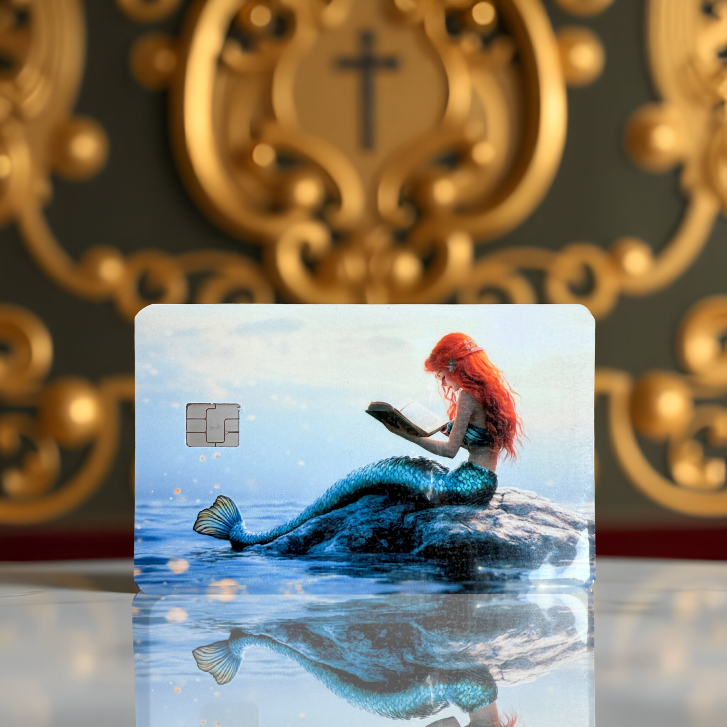 Reading Mermaid Card Skin | Fantasy Ocean Redhead & Octopus Debit Card Cover