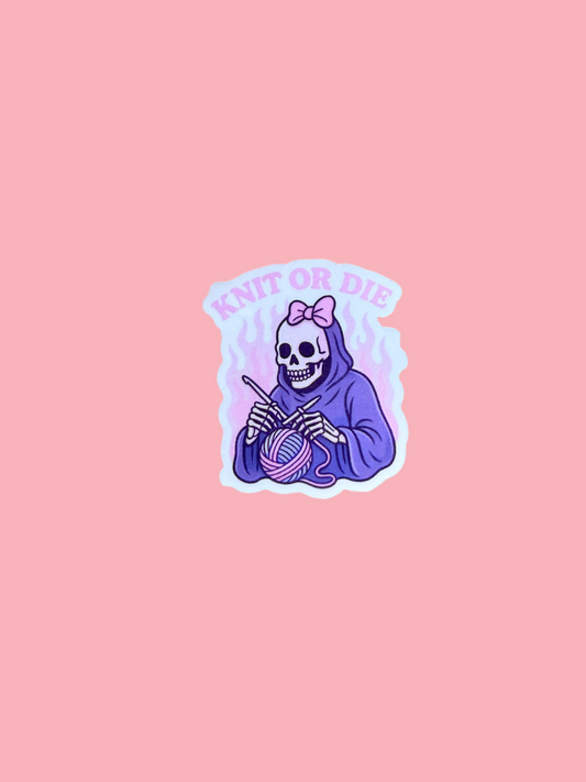 Knitt or Die" Sticker | Pink Skeleton Knitting Vinyl Decal | Edgy Crafter Gift | Goth Aesthetic Laptop Journal Sticker | Yarn Lover Accessory - The Sticker Era