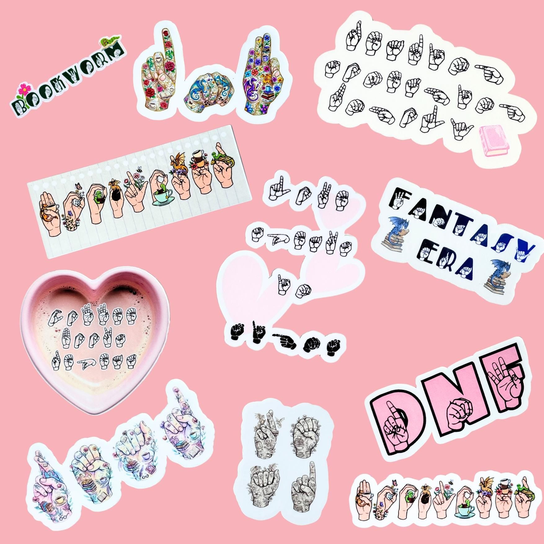ASL bookish sticker set with 11 sign language vinyl stickers spelling fantasy era and DNF for romantasy readers __etsy:7733995793