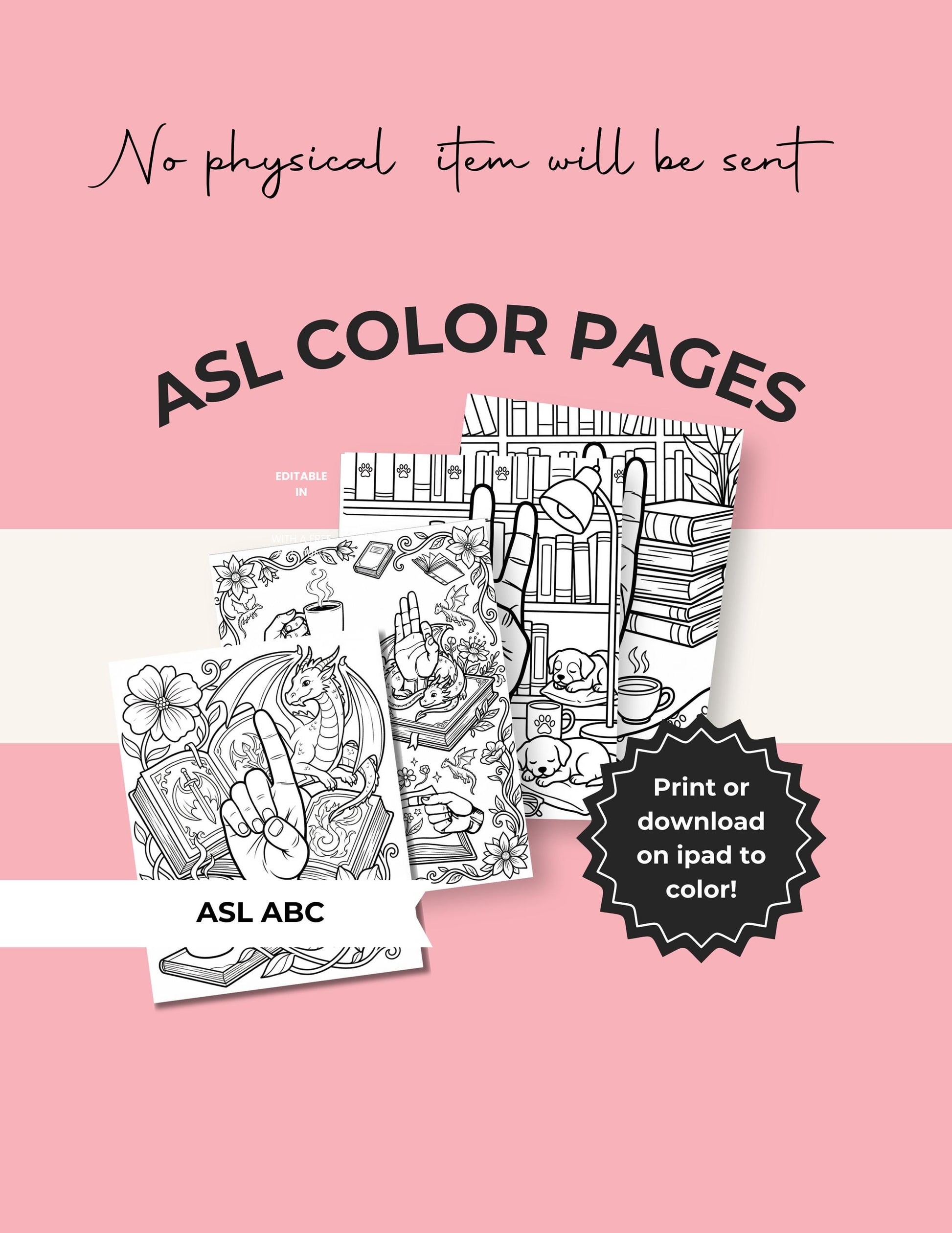 ASL digital coloring pages featuring American Sign Language hand signs with books, cozy scenes, and whimsical illustrations. __etsy:7690140912