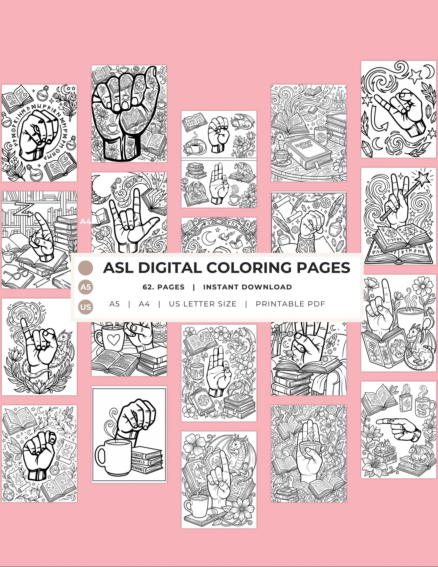 Adult Coloring Book Printable, ASL Sign Language Art, 62 Pages PDF Bundle, Instant Download __etsy:7738084025