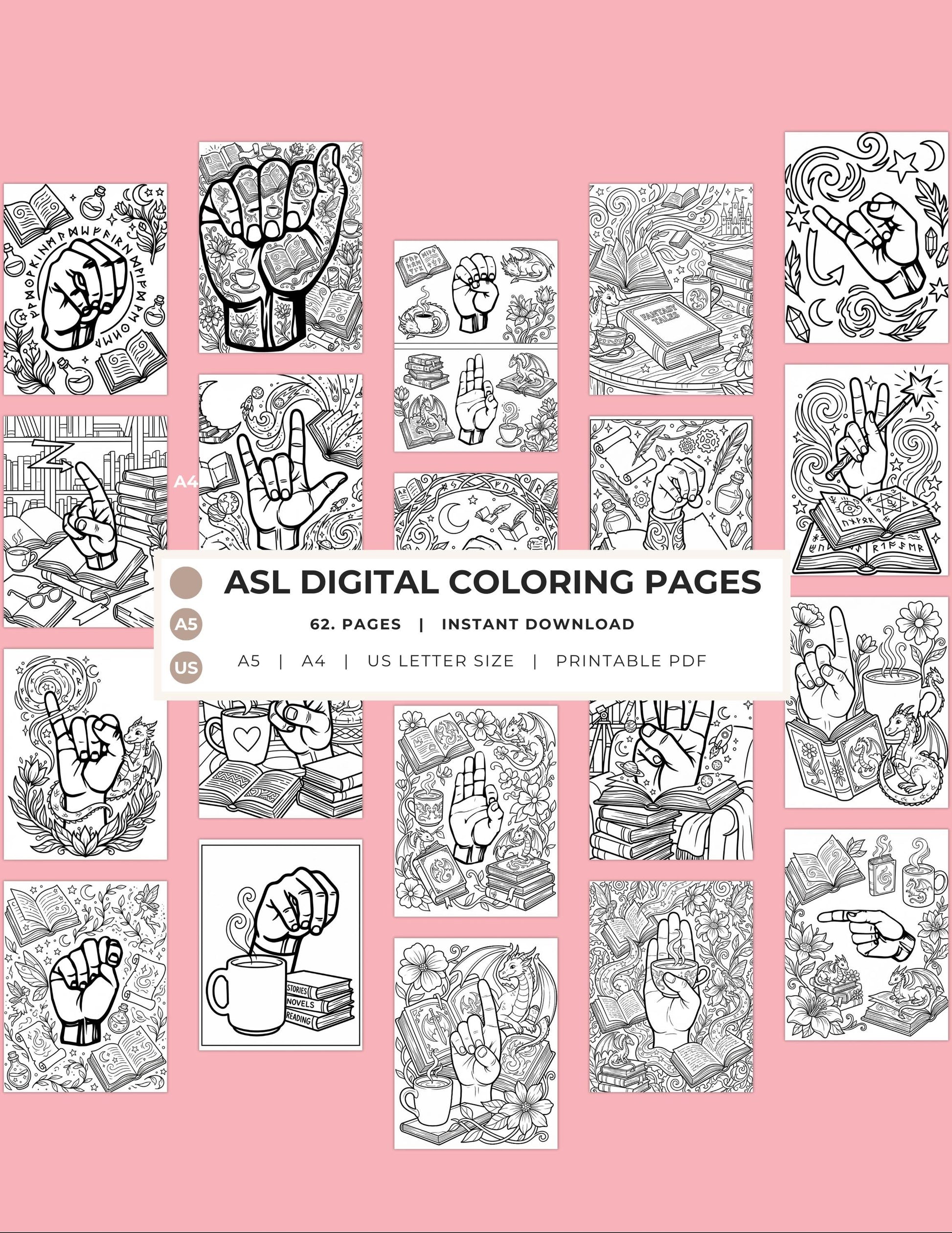 Adult Coloring Book Printable, ASL Sign Language Art, 62 Pages PDF Bundle, Instant Download __etsy:7738084025