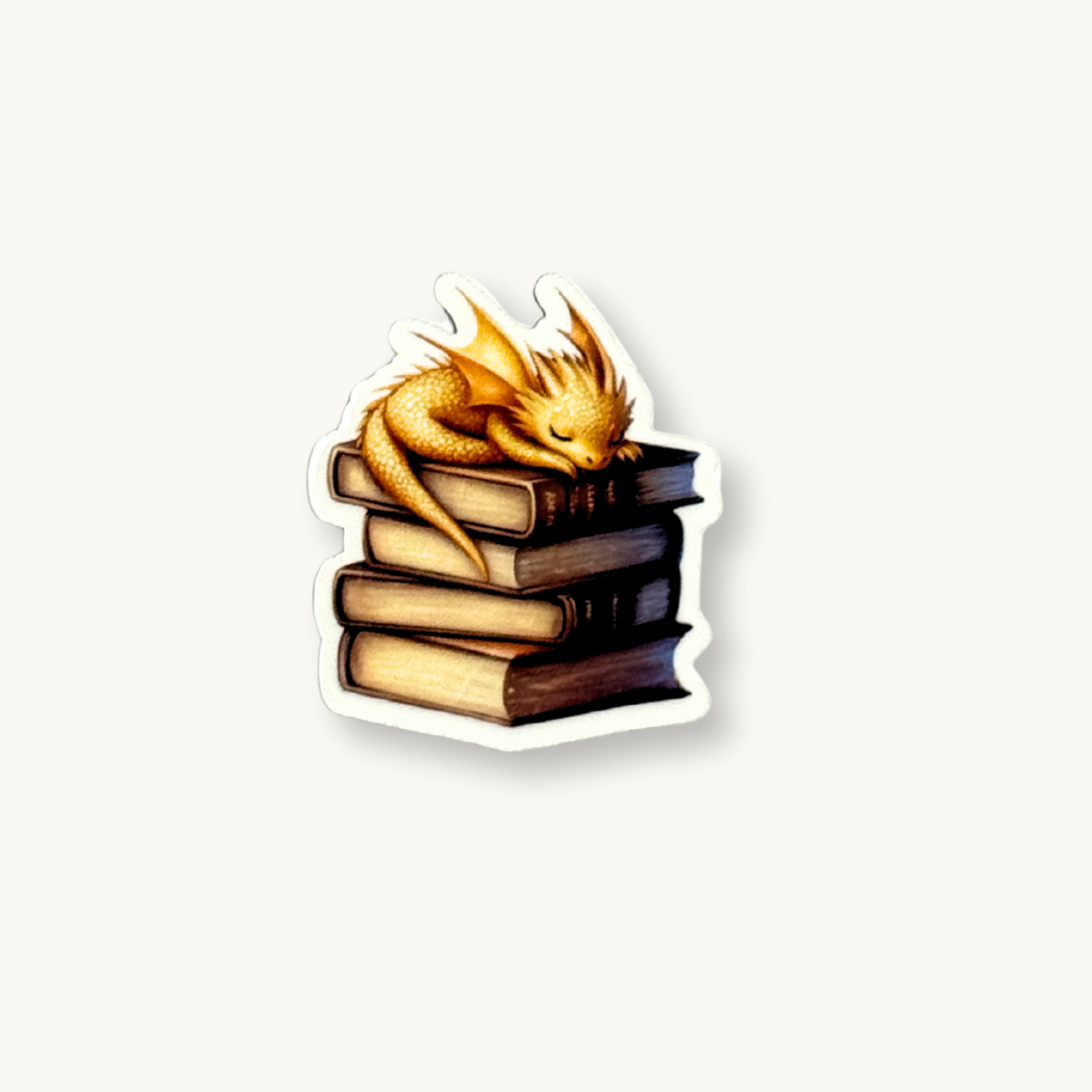 Andarna inspired gold dragon sitting on books vinyl sticker - Fourth Wing fantasy booktok decal