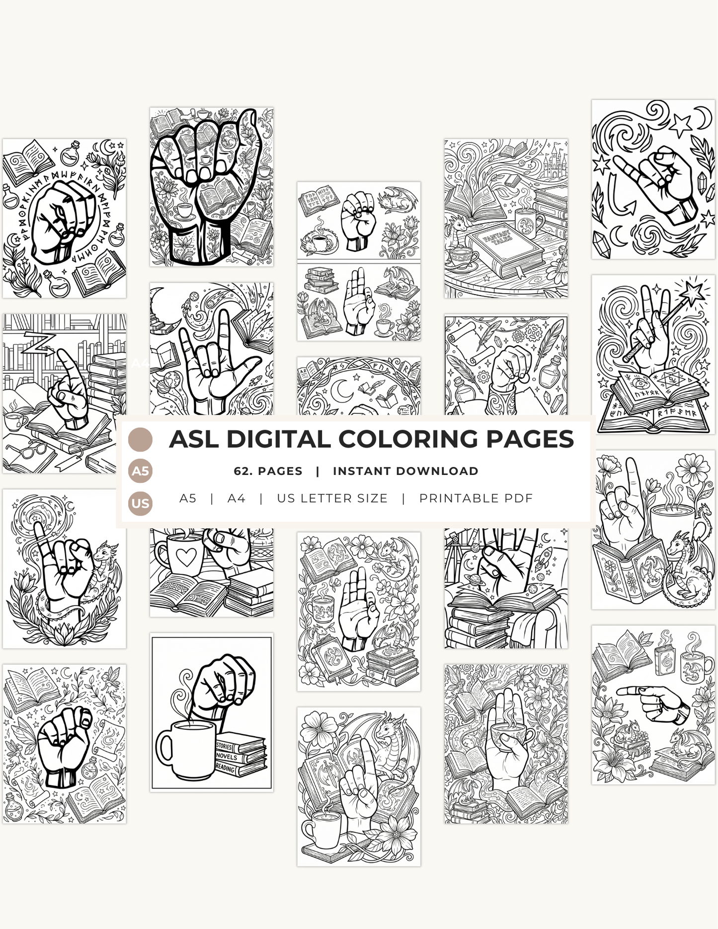 ASL Fantasy Coloring Book | 62 Page Digital Download | Sign Language Art