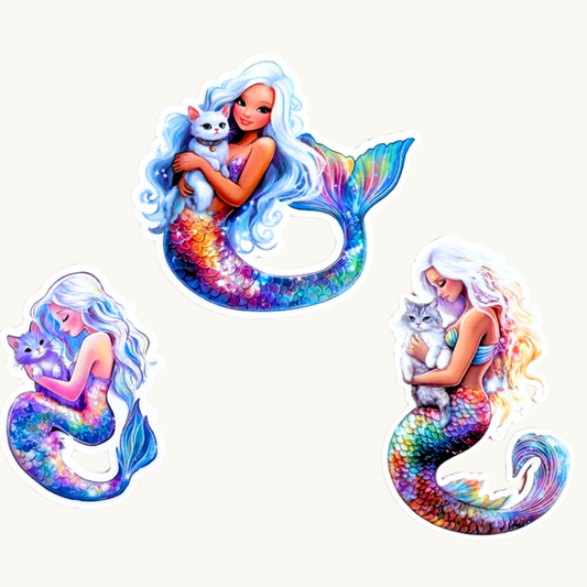 Mermaid & Cat Sticker Pack | Rainbow Fantasy Vinyl Decals for Cat Moms