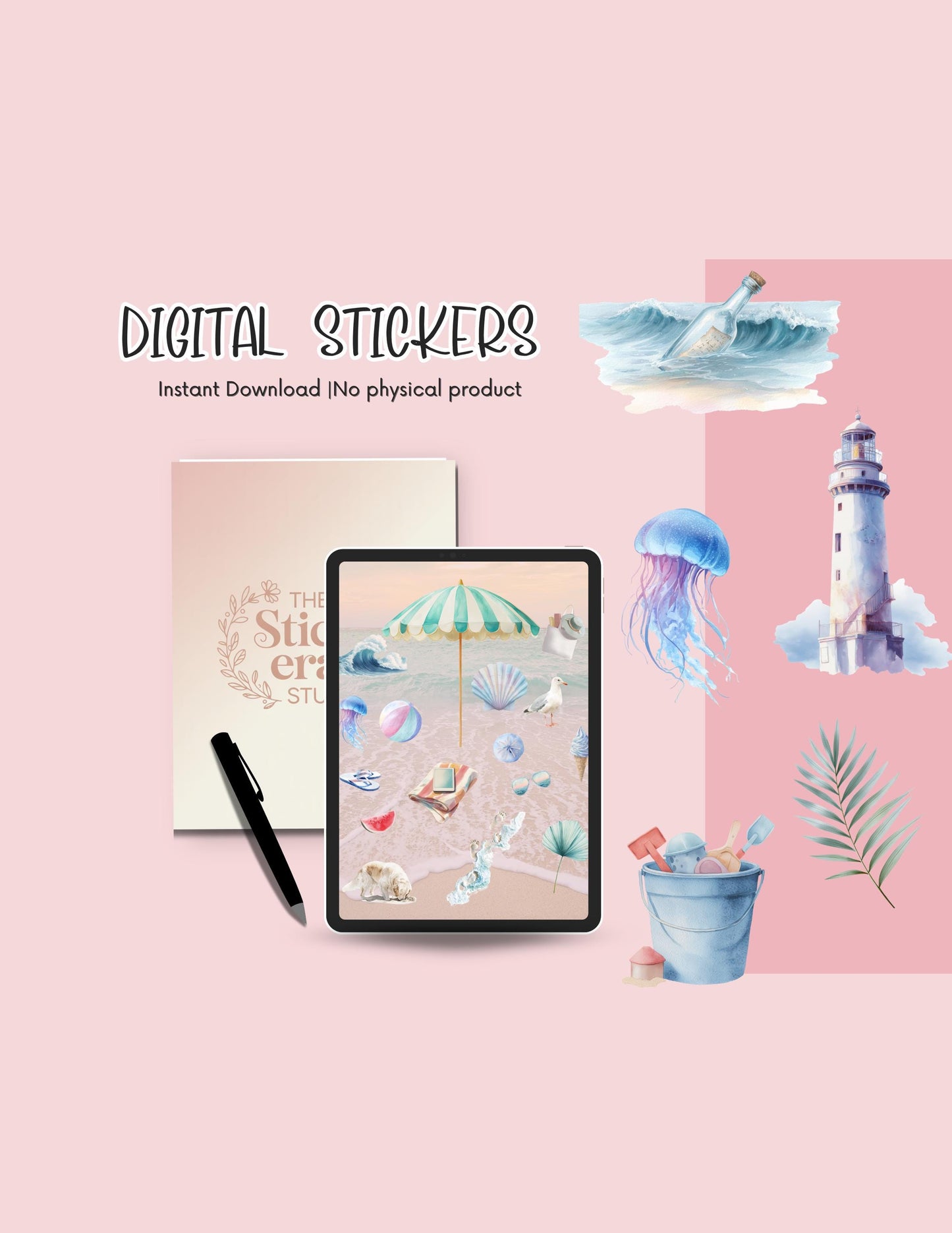 Beach Digital Stickers: Watercolor Ocean Life Planner, GoodNotes (PNG & PDF Bundle) __etsy:6979004344