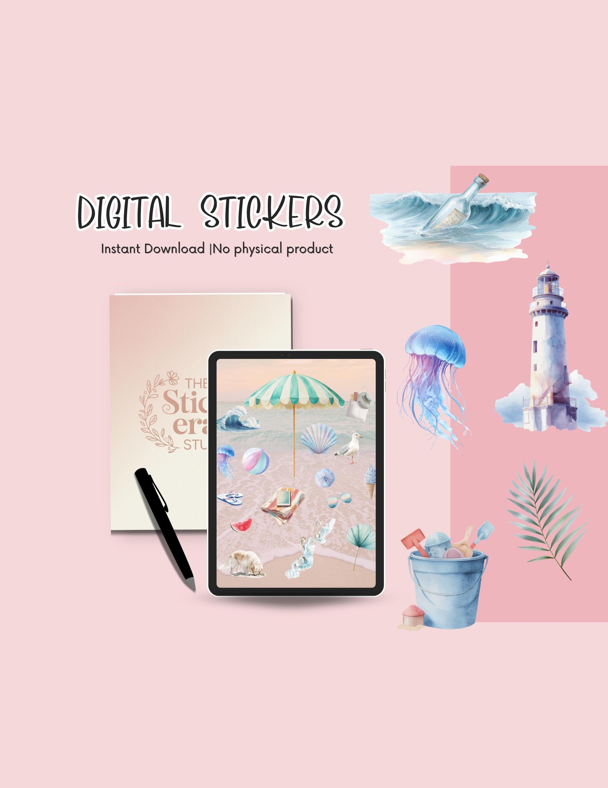 Beach Digital Stickers: Watercolor Ocean Life Planner, GoodNotes (PNG & PDF Bundle) __etsy:6979004344
