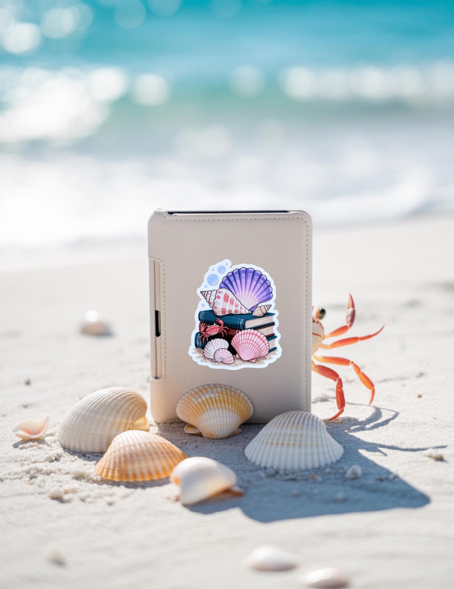Beachcore Book Stack Sticker: Seashells & Crab - Waterproof Vinyl Decal __etsy:6888514743