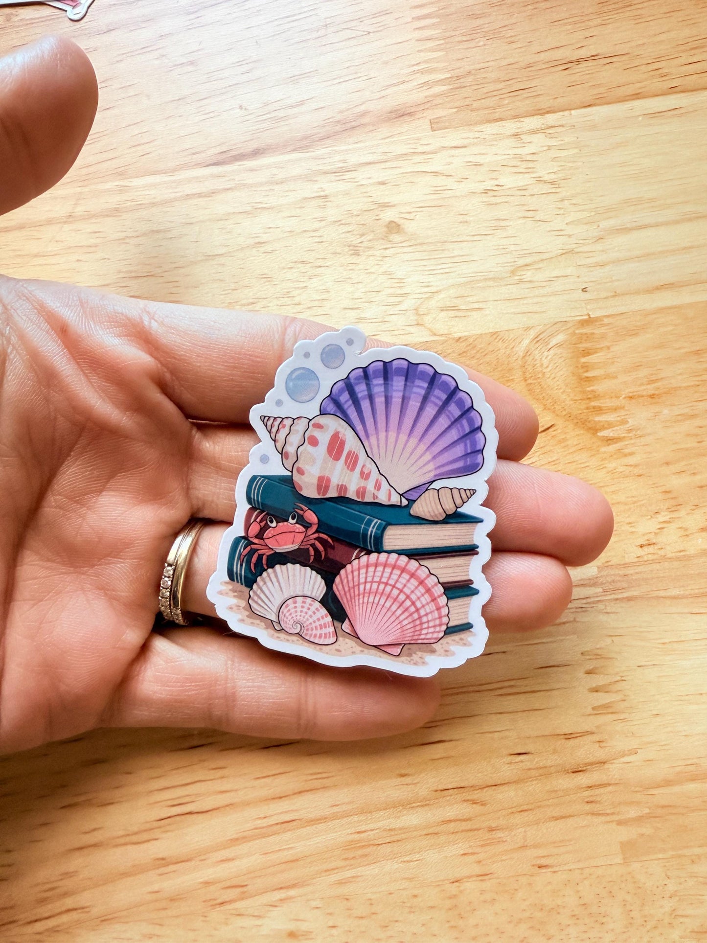 Beachcore Book Stack Sticker: Seashells & Crab - Waterproof Vinyl Decal __etsy:6840542718