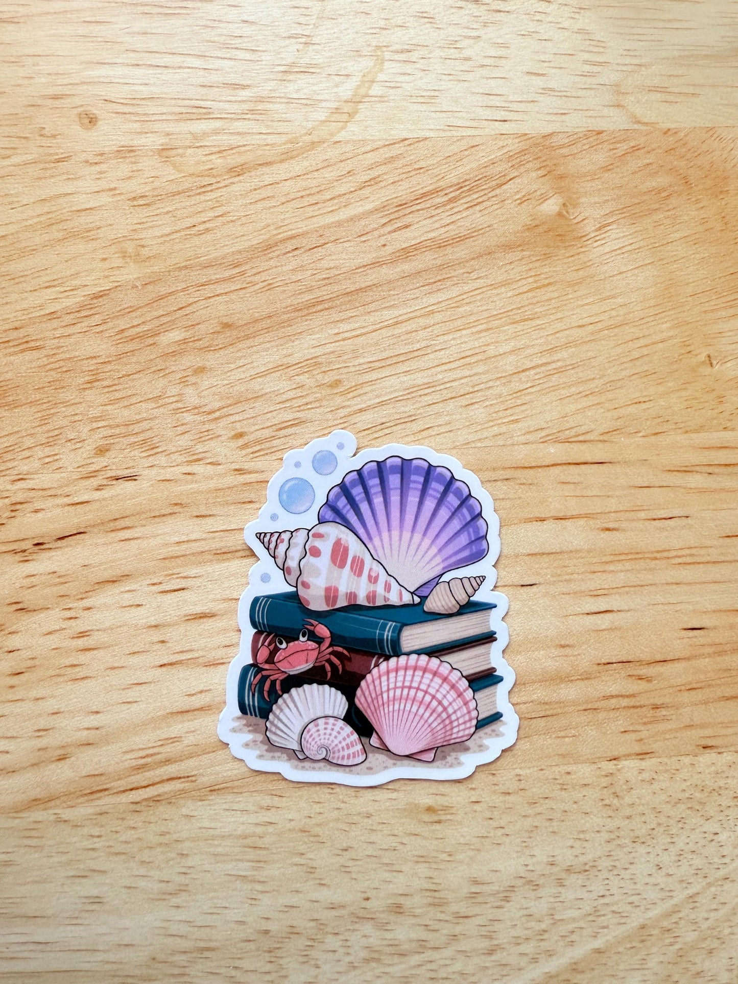 Beachcore Book Stack Sticker: Seashells & Crab - Waterproof Vinyl Decal __etsy:6840542806