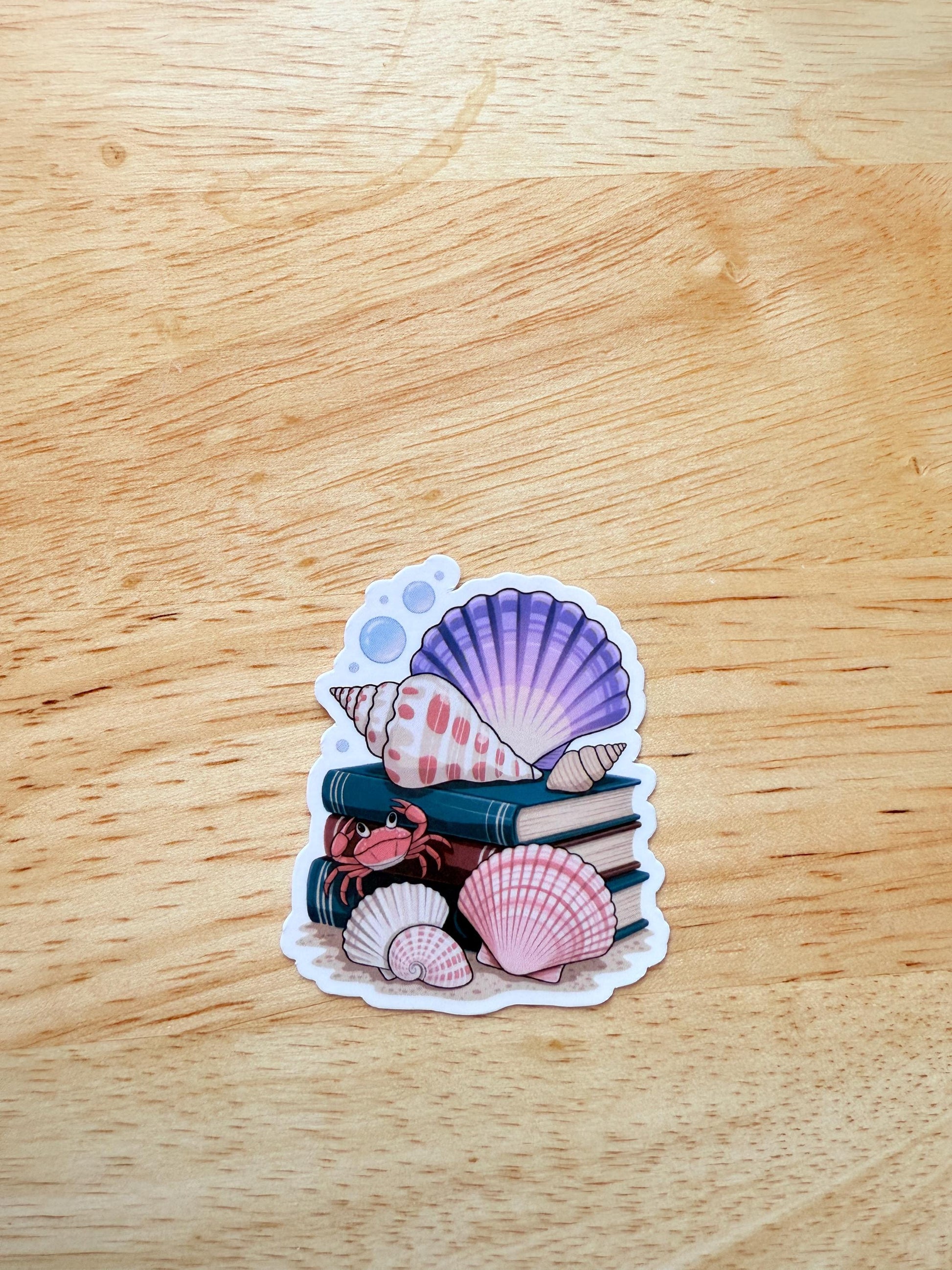 Beachcore Book Stack Sticker: Seashells & Crab - Waterproof Vinyl Decal __etsy:6840542806