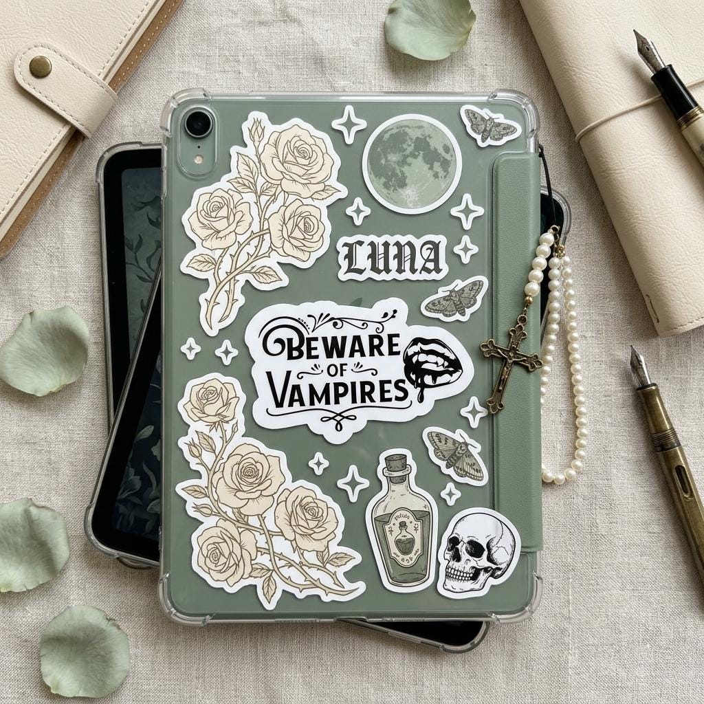 Clear iPad case over a sage tablet, decorated with the "Beware of Vampires" gothic sticker among cream rose, full moon, "Luna," poison bottle, skull, and moth stickers, styled with a fountain pen, journal, pearls, and a cross pendant. __etsy:8134304682